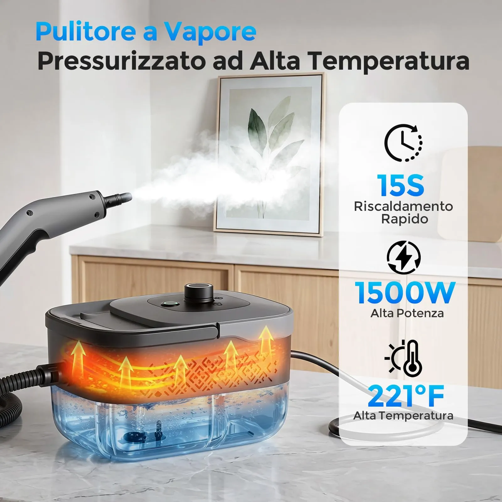 Pulitore a Vapore, Pulitore a Vapore Portatile, 1600ML Serbatoio, 4 Bar - immagine 3