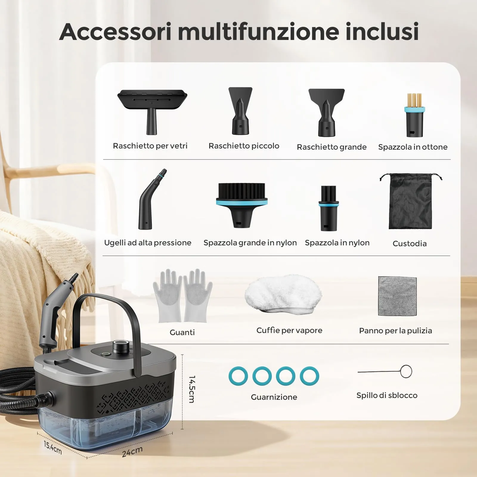 Pulitore a Vapore, Pulitore a Vapore Portatile, 1600ML Serbatoio, 4 Bar - immagine 9