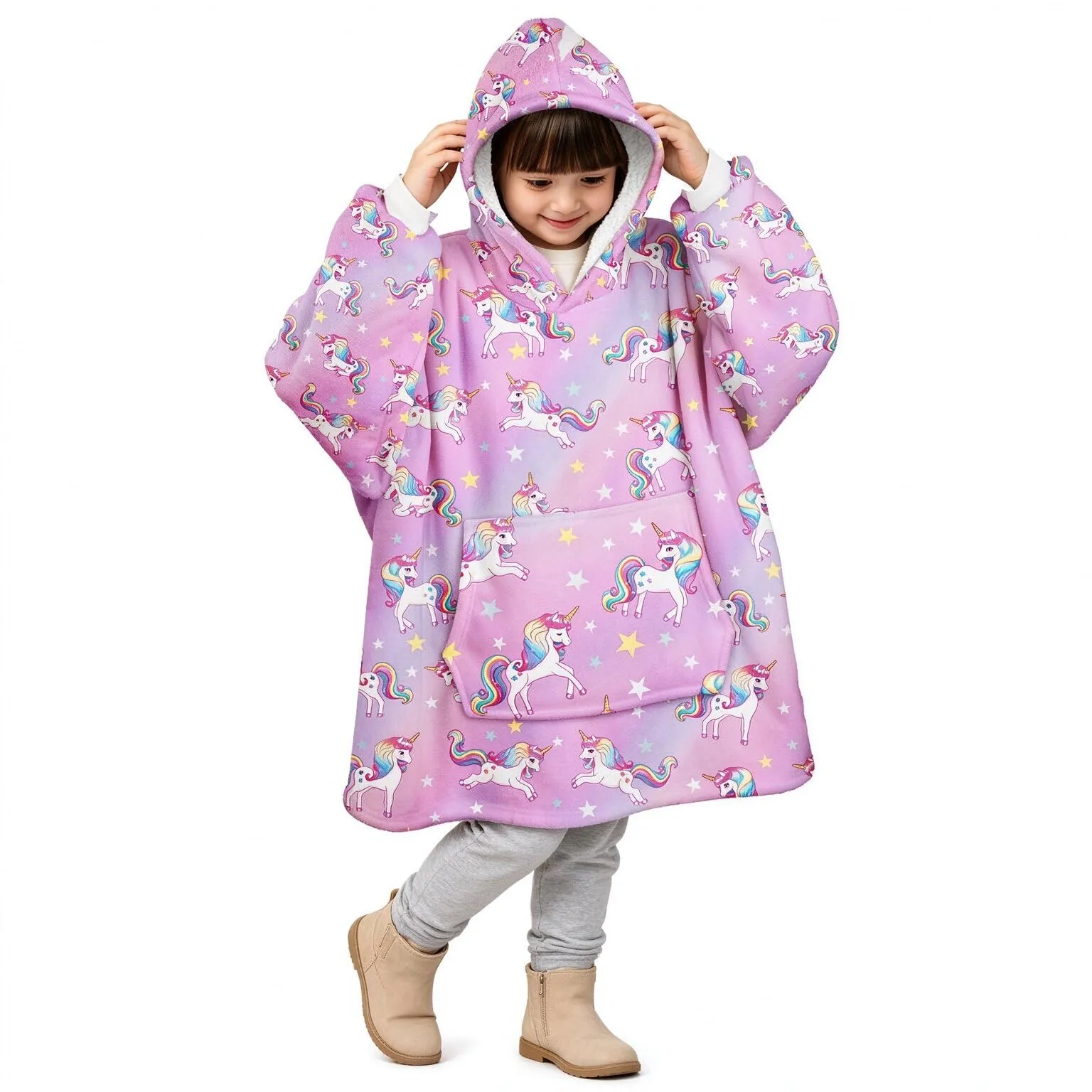Felpa Coperta con Cappuccio Maniche Bambini Unicorno Viola Oversize Hoodie - immagine 1
