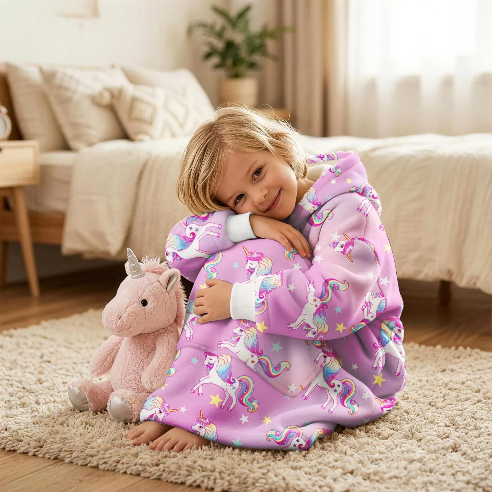 Felpa Coperta con Cappuccio Maniche Bambini Unicorno Viola Oversize Hoodie - immagine 2