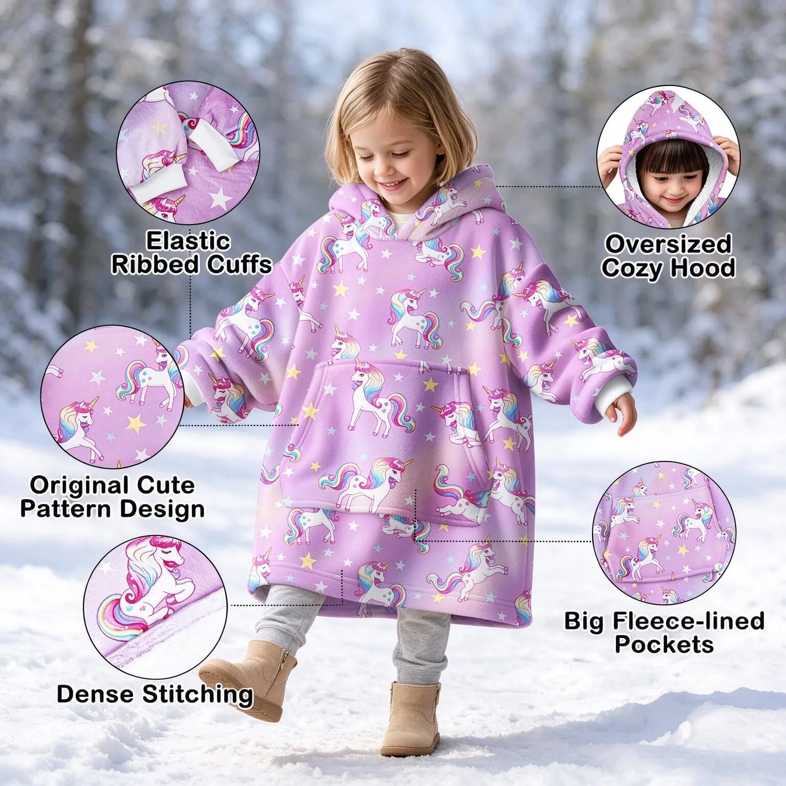 Felpa Coperta con Cappuccio Maniche Bambini Unicorno Viola Oversize Hoodie - immagine 3