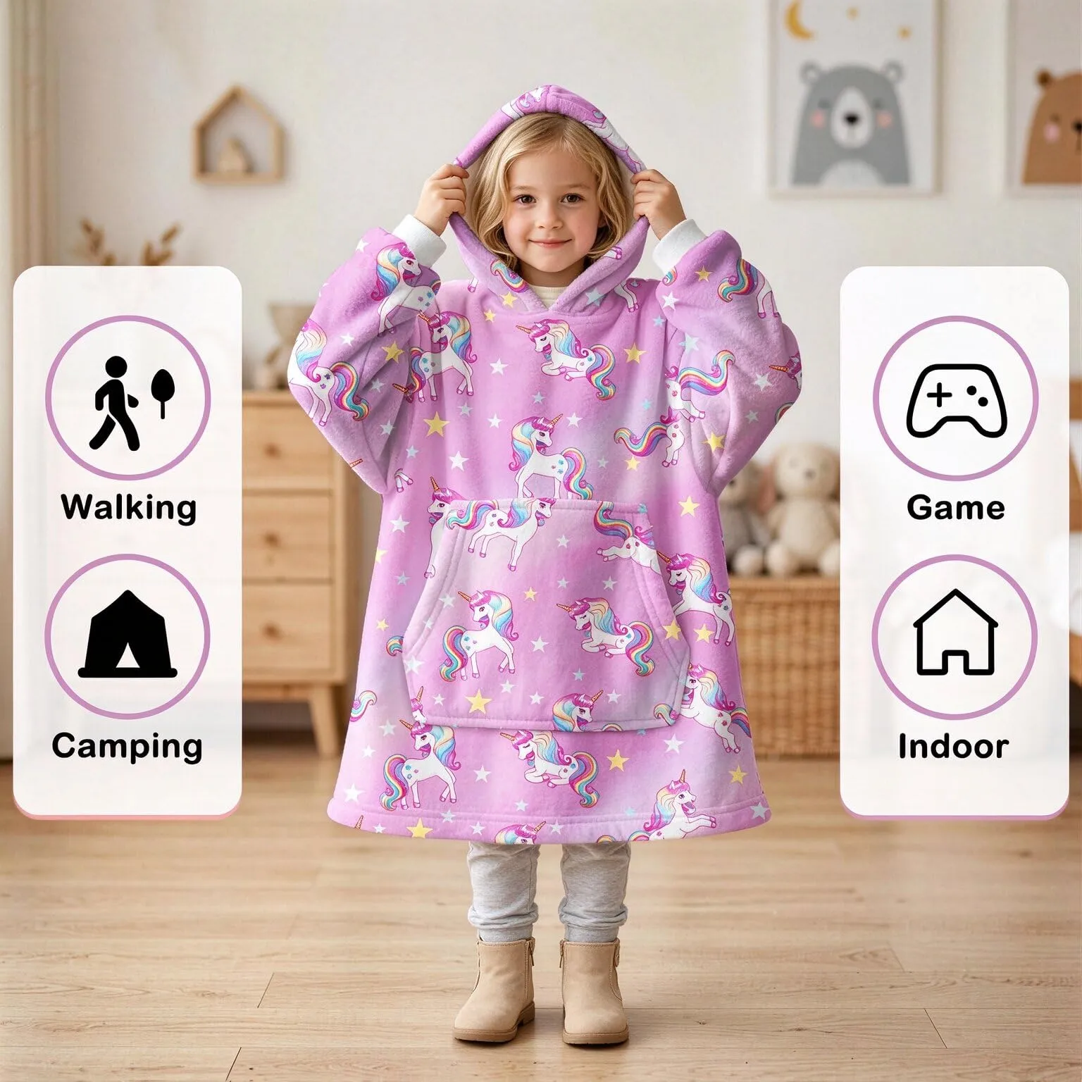 Felpa Coperta con Cappuccio Maniche Bambini Unicorno Viola Oversize Hoodie - immagine 4