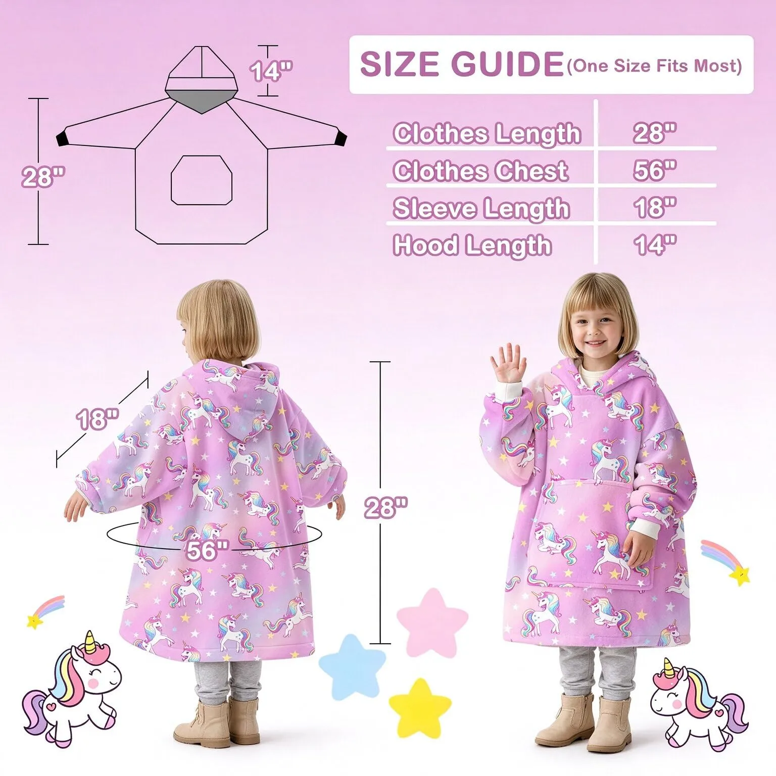 Felpa Coperta con Cappuccio Maniche Bambini Unicorno Viola Oversize Hoodie - immagine 5