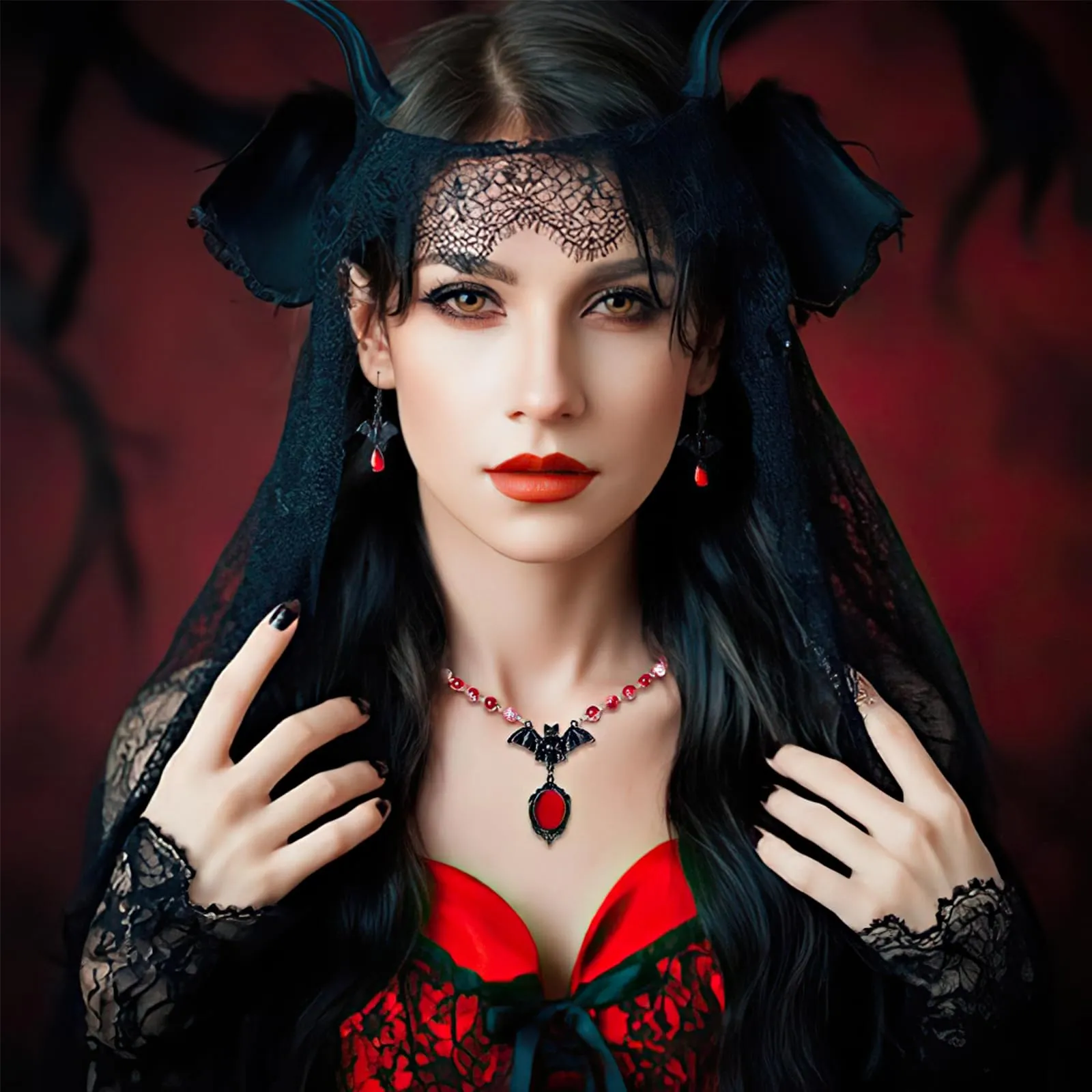 Collana Gothic E Orecchini Halloween Vampire Gioielli Set Per Donne(Tipo 1) - immagine 2