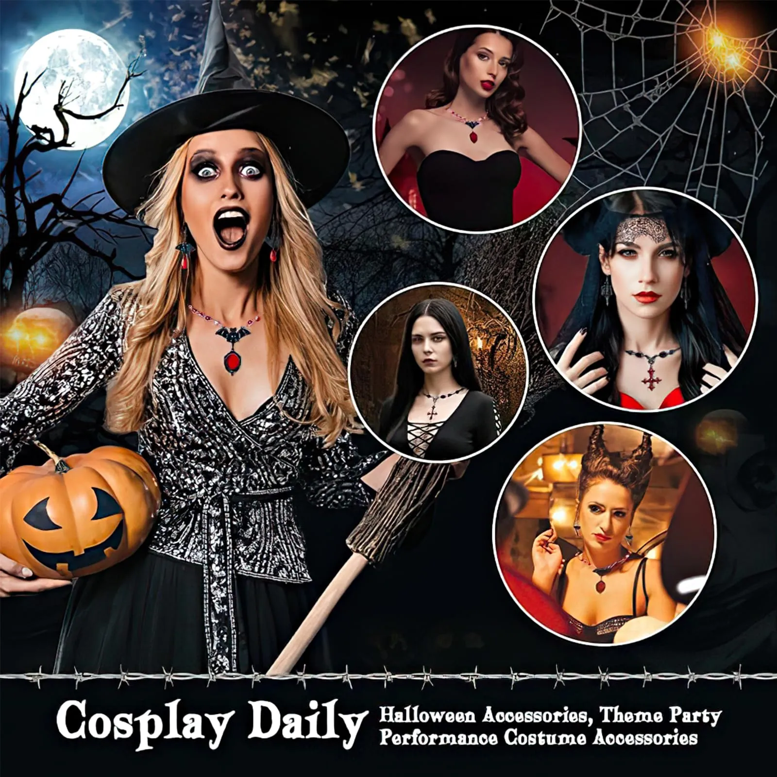 Collana Gothic E Orecchini Halloween Vampire Gioielli Set Per Donne(Tipo 1) - immagine 5