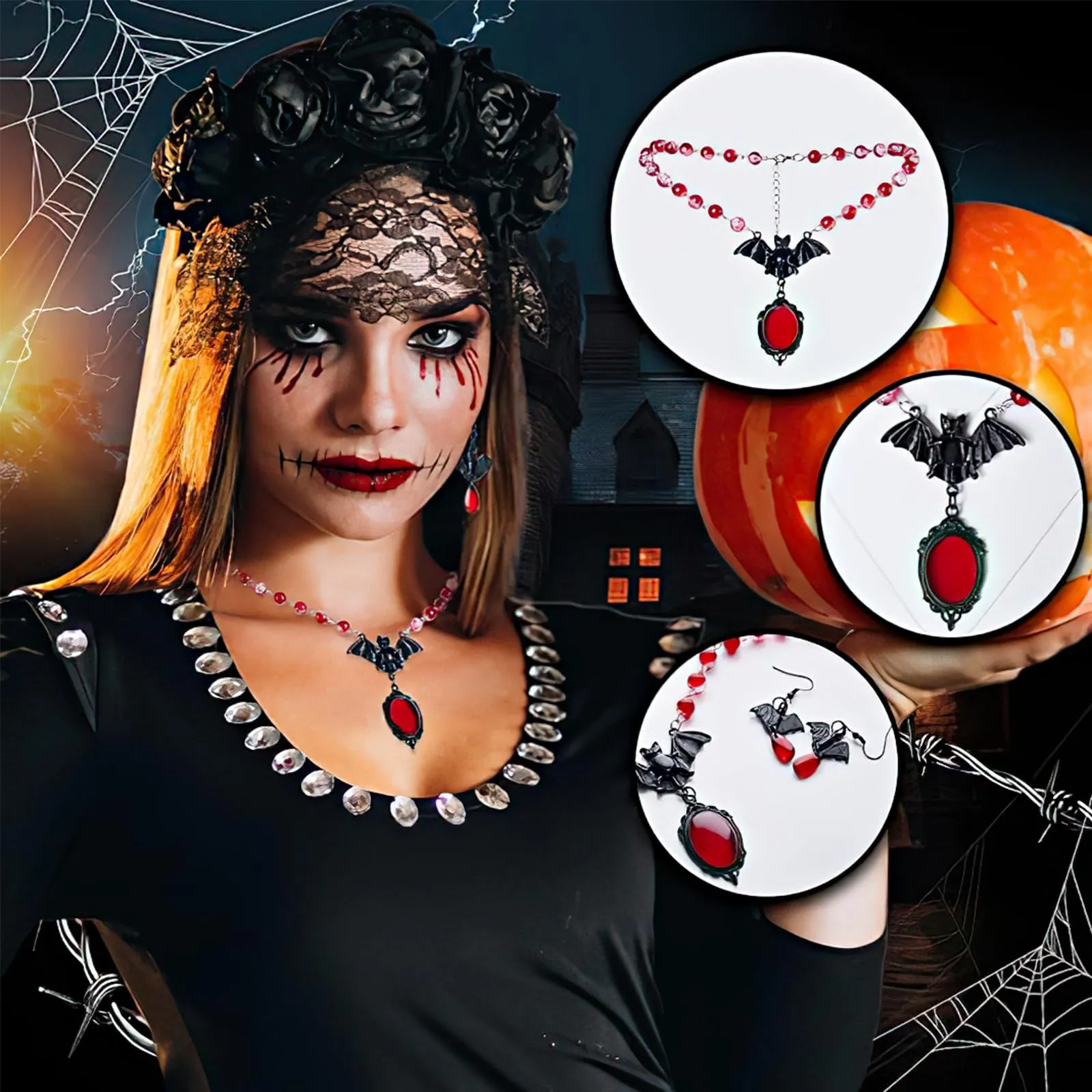 Collana Gothic E Orecchini Halloween Vampire Gioielli Set Per Donne(Tipo 1) - immagine 7
