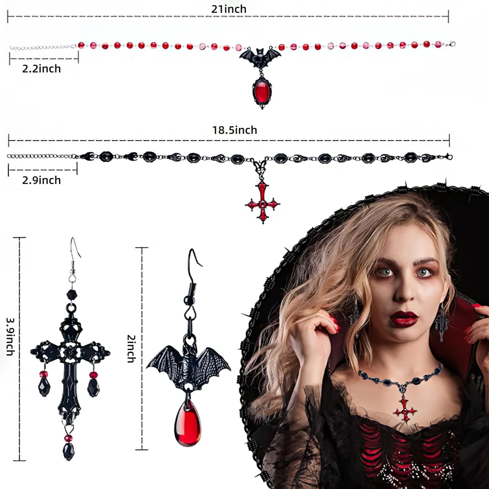 Collana Gothic E Orecchini Halloween Vampire Gioielli Set Per Donne(Tipo 2) - immagine 3
