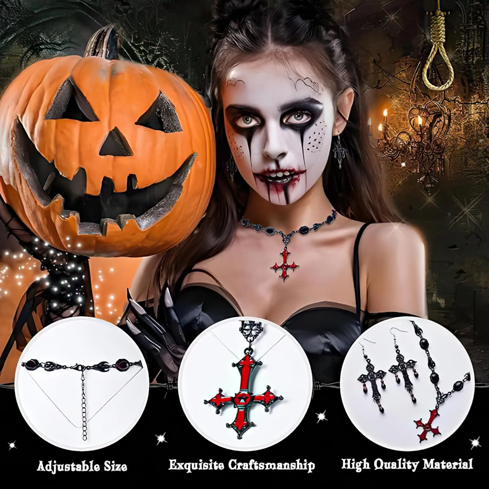 Collana Gothic E Orecchini Halloween Vampire Gioielli Set Per Donne(Tipo 2) - immagine 4
