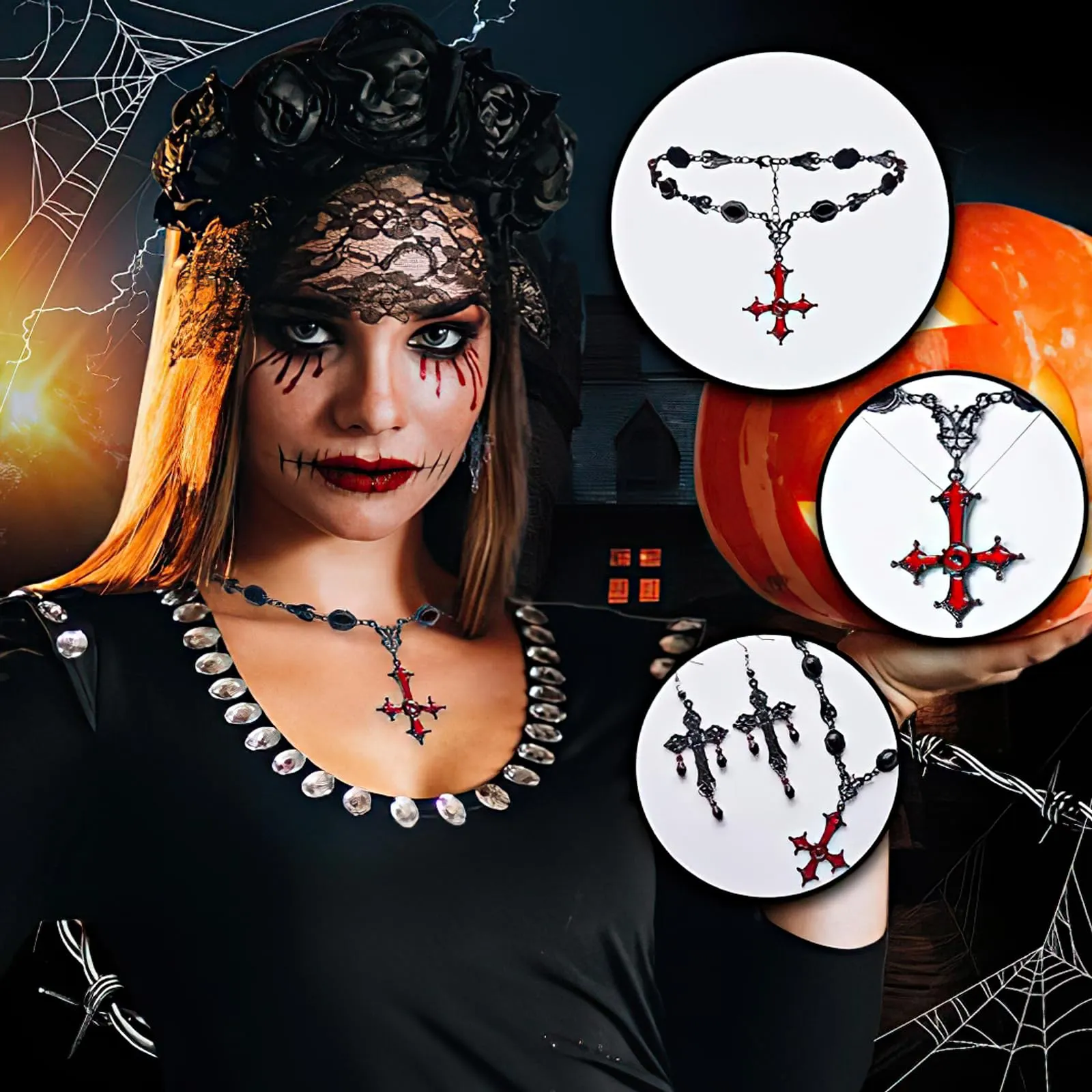 Collana Gothic E Orecchini Halloween Vampire Gioielli Set Per Donne(Tipo 2) - immagine 7