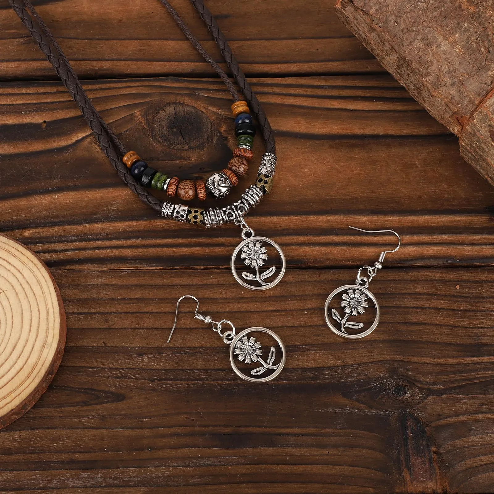 Mikovivi Set di Collana e Orecchini con Ciondolo a Fiore in Stile Bohémien | Collana e Orecchini Multistrato in Stile Bohémien con Perline di Legno Gioielli Etnici Vintage per Uomo e Donna - immagine 4