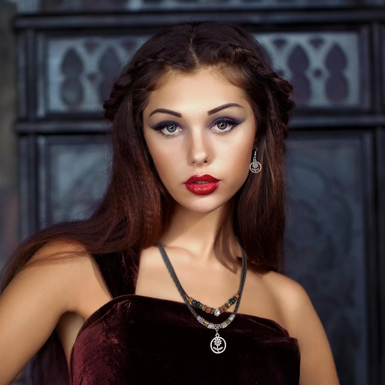 Mikovivi Set di Collana e Orecchini con Ciondolo a Fiore in Stile Bohémien | Collana e Orecchini Multistrato in Stile Bohémien con Perline di Legno Gioielli Etnici Vintage per Uomo e Donna - immagine 5
