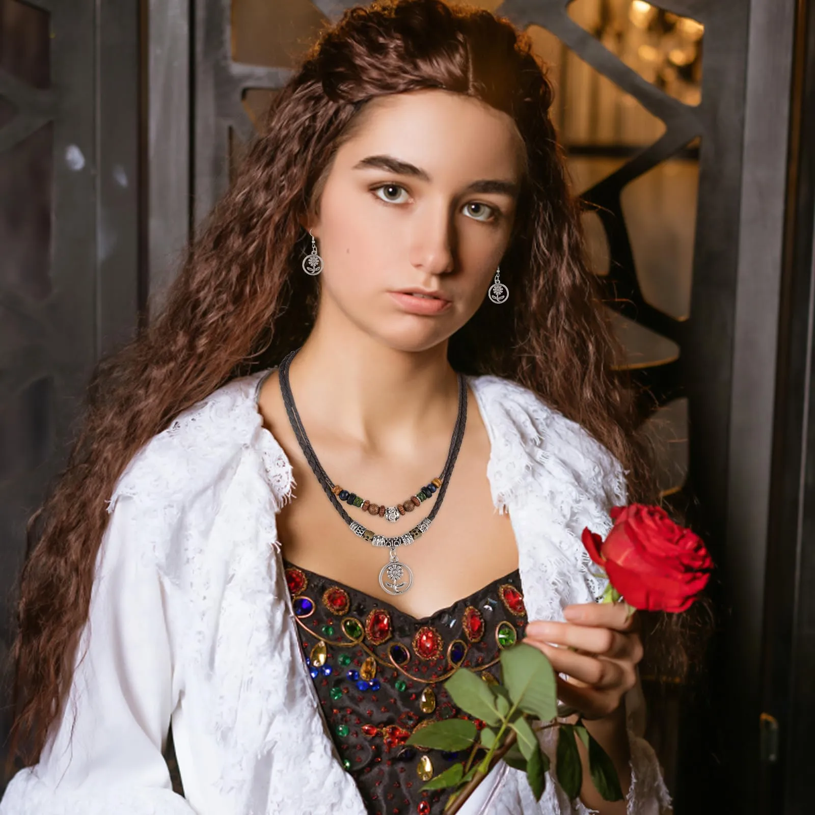 Mikovivi Set di Collana e Orecchini con Ciondolo a Fiore in Stile Bohémien | Collana e Orecchini Multistrato in Stile Bohémien con Perline di Legno Gioielli Etnici Vintage per Uomo e Donna - immagine 6