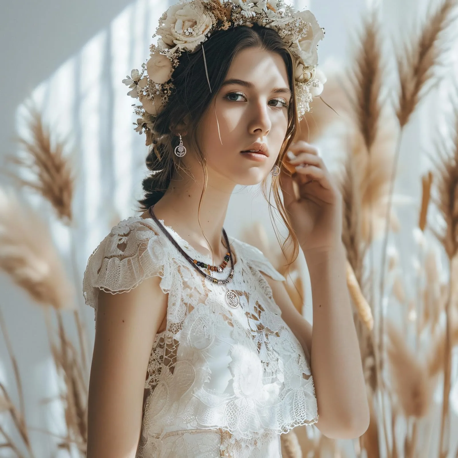Mikovivi Set di Collana e Orecchini con Ciondolo a Fiore in Stile Bohémien | Collana e Orecchini Multistrato in Stile Bohémien con Perline di Legno Gioielli Etnici Vintage per Uomo e Donna - immagine 7