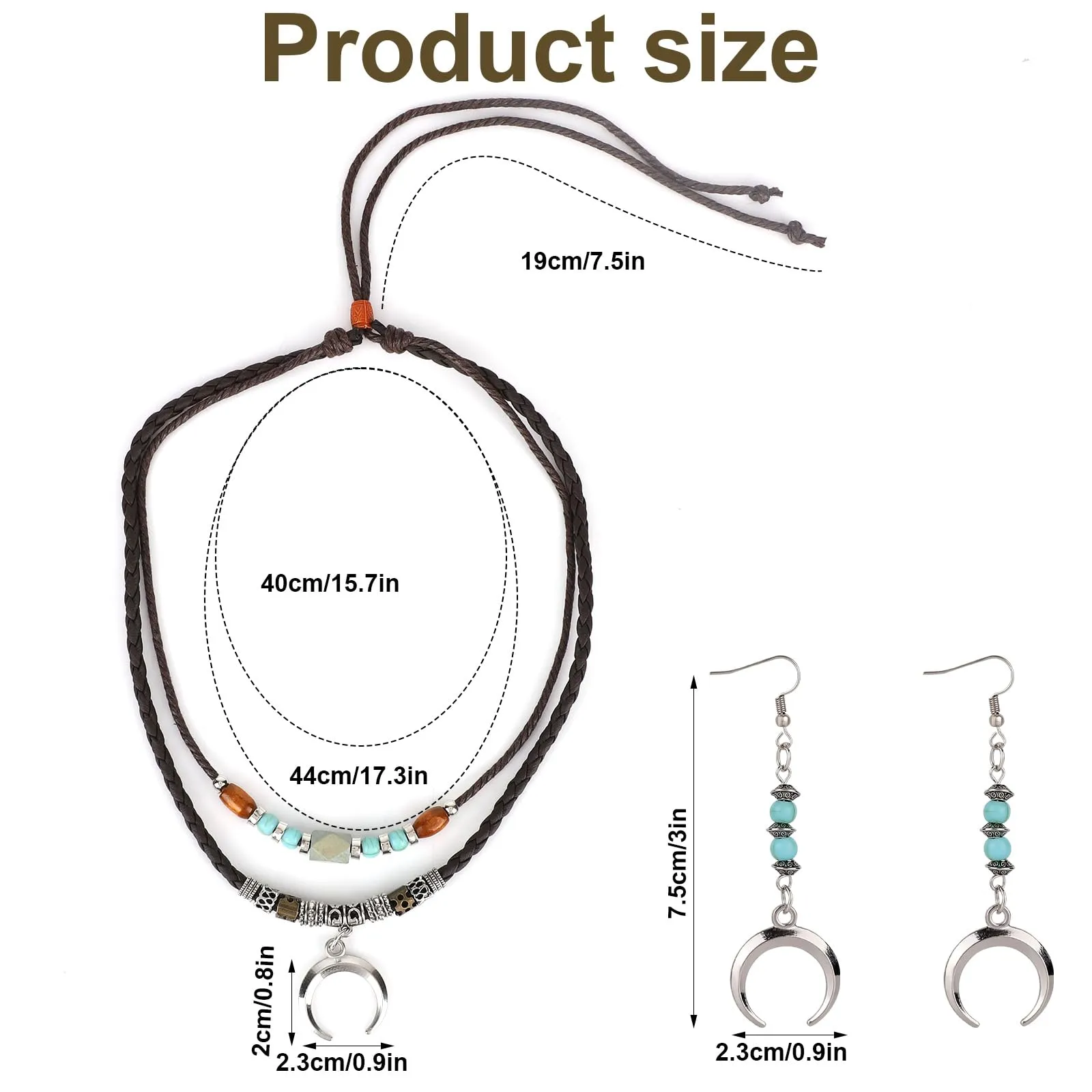Mikovivi Set di Collana e Orecchini con Ciondolo a Luna in Stile Bohémien | Collana e Orecchini Multistrato in Stile Bohémien con Perline di Legno Gioielli Etnici Vintage per Uomo e Donna - immagine 2