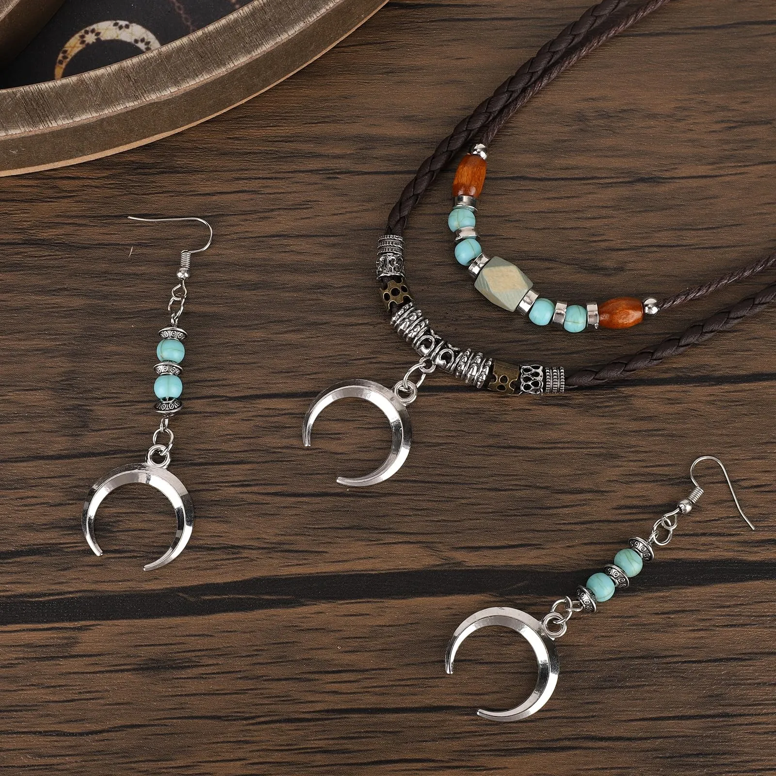 Mikovivi Set di Collana e Orecchini con Ciondolo a Luna in Stile Bohémien | Collana e Orecchini Multistrato in Stile Bohémien con Perline di Legno Gioielli Etnici Vintage per Uomo e Donna - immagine 3