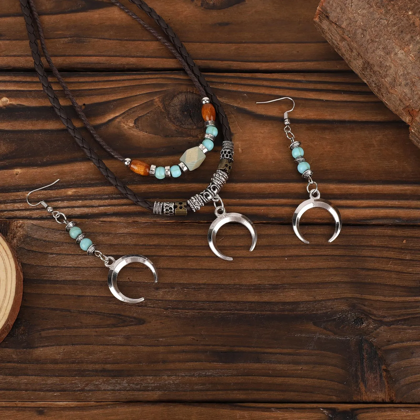 Mikovivi Set di Collana e Orecchini con Ciondolo a Luna in Stile Bohémien | Collana e Orecchini Multistrato in Stile Bohémien con Perline di Legno Gioielli Etnici Vintage per Uomo e Donna - immagine 4