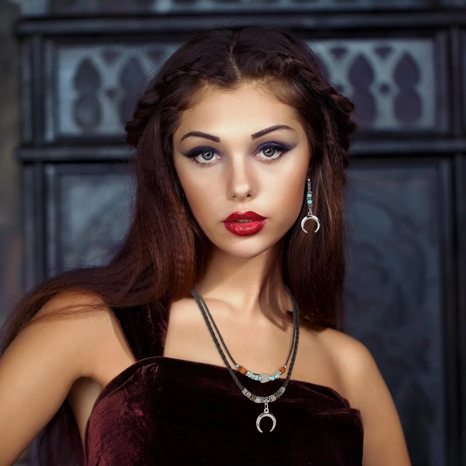 Mikovivi Set di Collana e Orecchini con Ciondolo a Luna in Stile Bohémien | Collana e Orecchini Multistrato in Stile Bohémien con Perline di Legno Gioielli Etnici Vintage per Uomo e Donna - immagine 5
