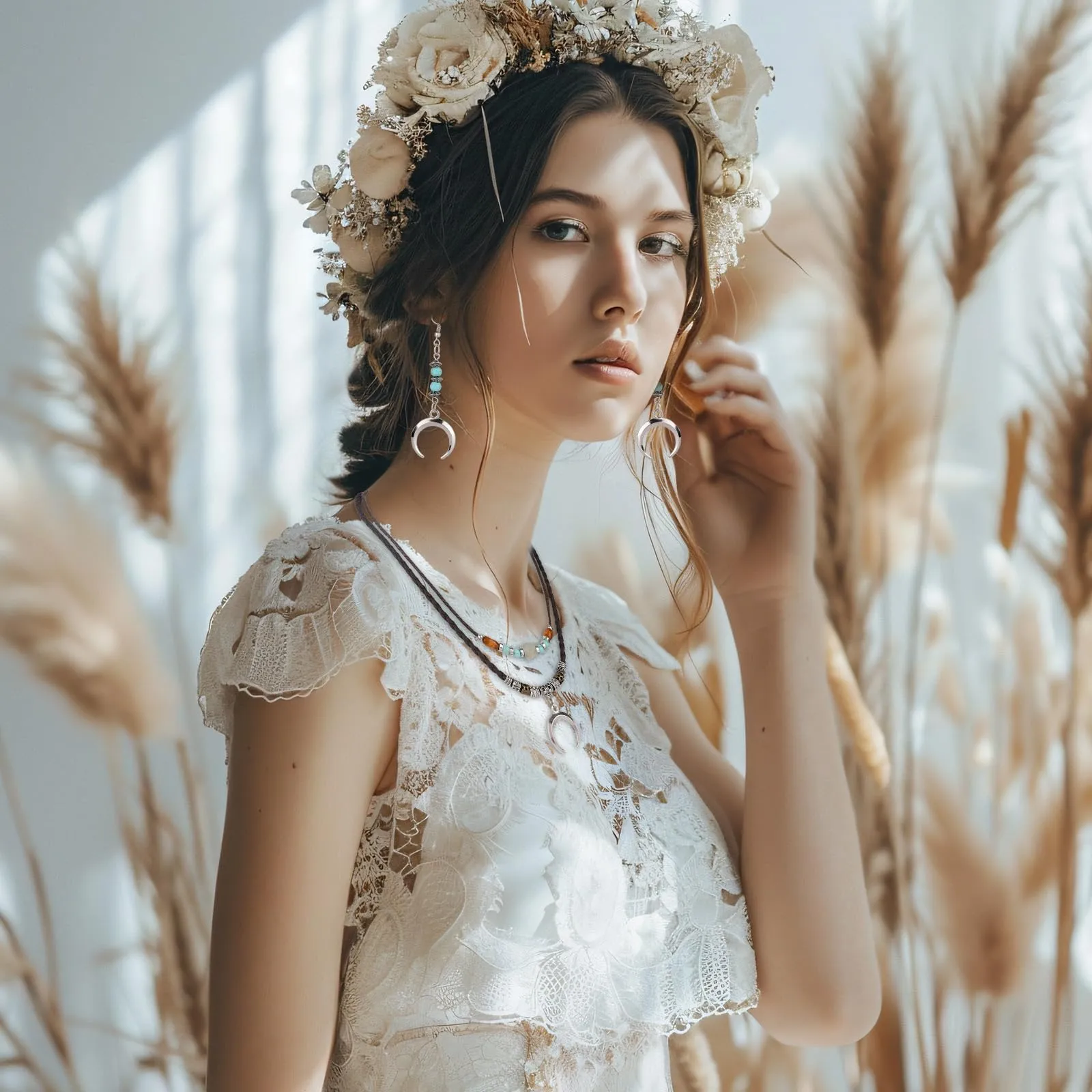 Mikovivi Set di Collana e Orecchini con Ciondolo a Luna in Stile Bohémien | Collana e Orecchini Multistrato in Stile Bohémien con Perline di Legno Gioielli Etnici Vintage per Uomo e Donna - immagine 7
