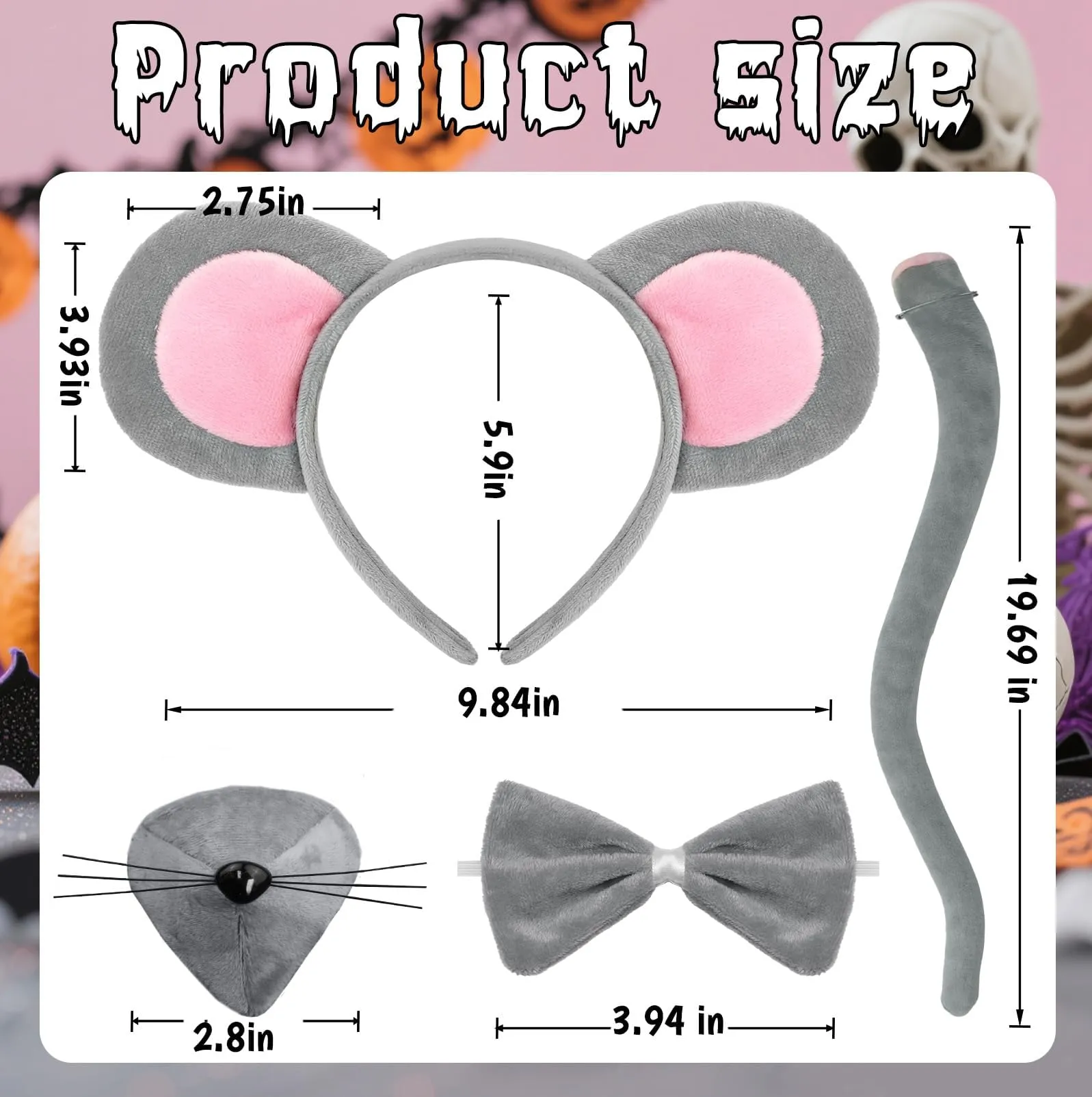 XULIDEONG Set di Costumi Animali, Cerchietto Orecchie Topo, Set di Costumi da Topo con Naso, Coda e Cravatta a Farfalla, per Halloween, Carnevale - immagine 2