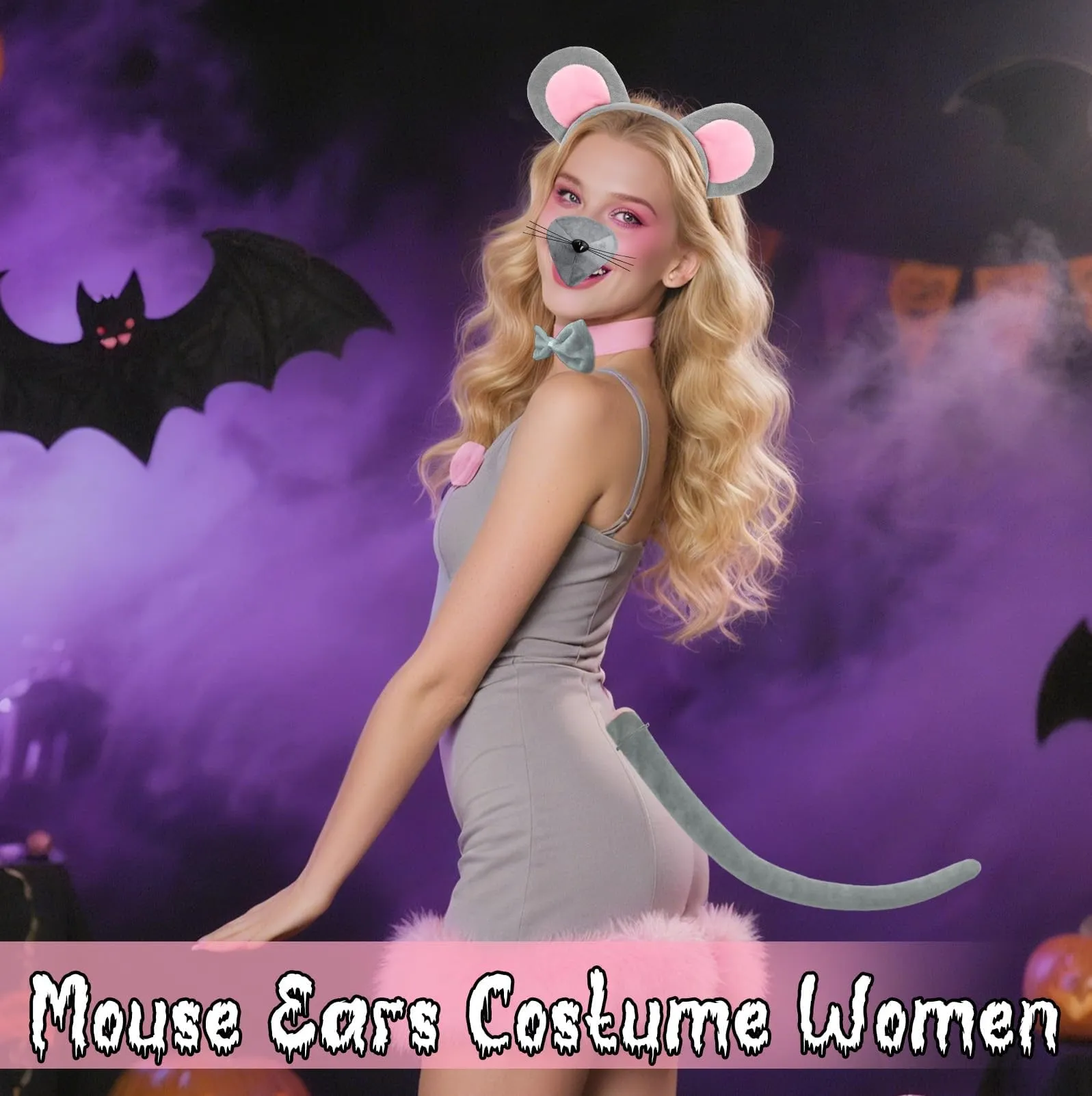 XULIDEONG Set di Costumi Animali, Cerchietto Orecchie Topo, Set di Costumi da Topo con Naso, Coda e Cravatta a Farfalla, per Halloween, Carnevale - immagine 3