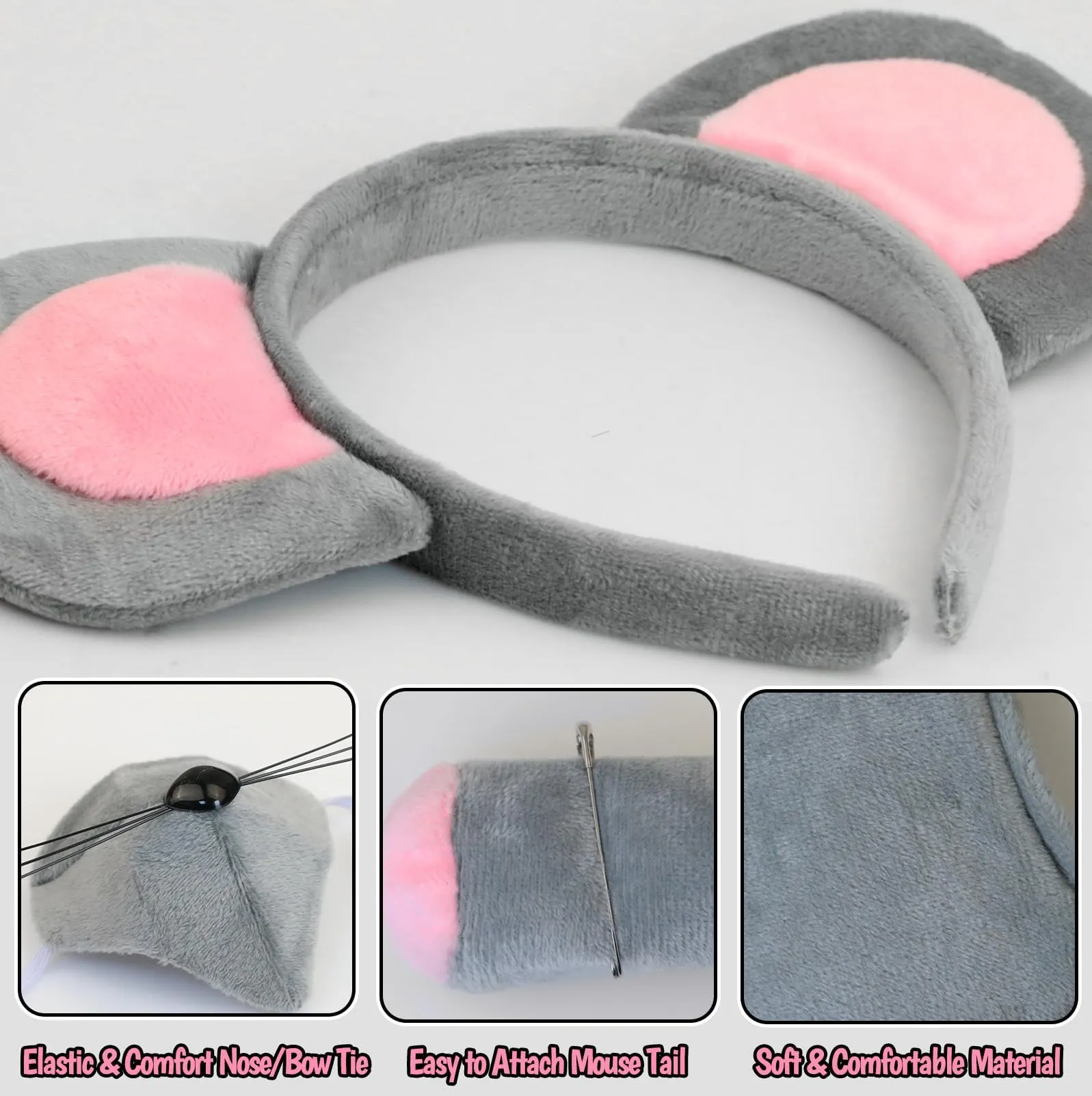 XULIDEONG Set di Costumi Animali, Cerchietto Orecchie Topo, Set di Costumi da Topo con Naso, Coda e Cravatta a Farfalla, per Halloween, Carnevale - immagine 4
