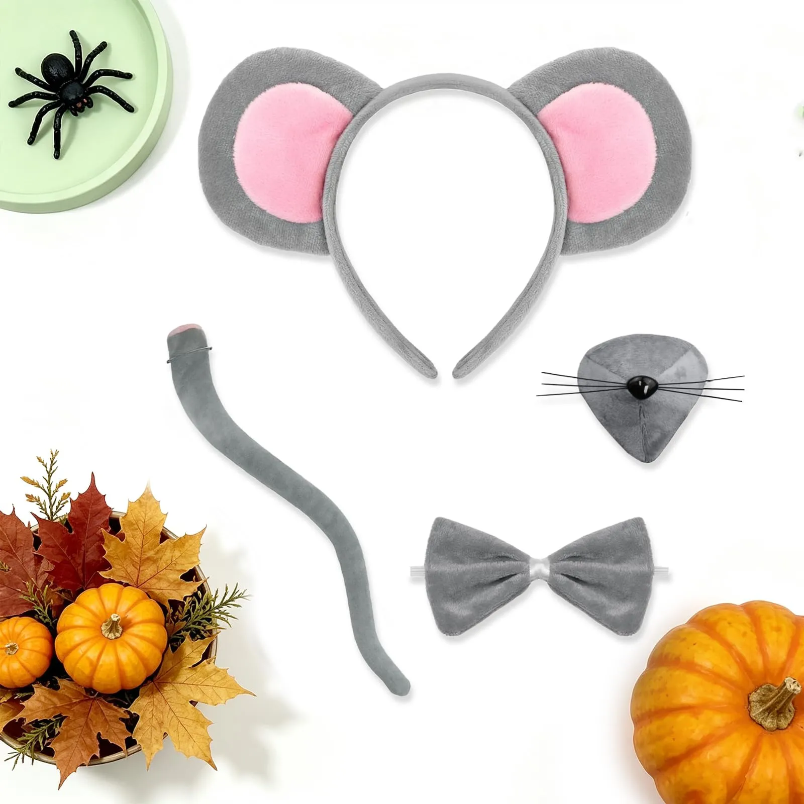 XULIDEONG Set di Costumi Animali, Cerchietto Orecchie Topo, Set di Costumi da Topo con Naso, Coda e Cravatta a Farfalla, per Halloween, Carnevale - immagine 5