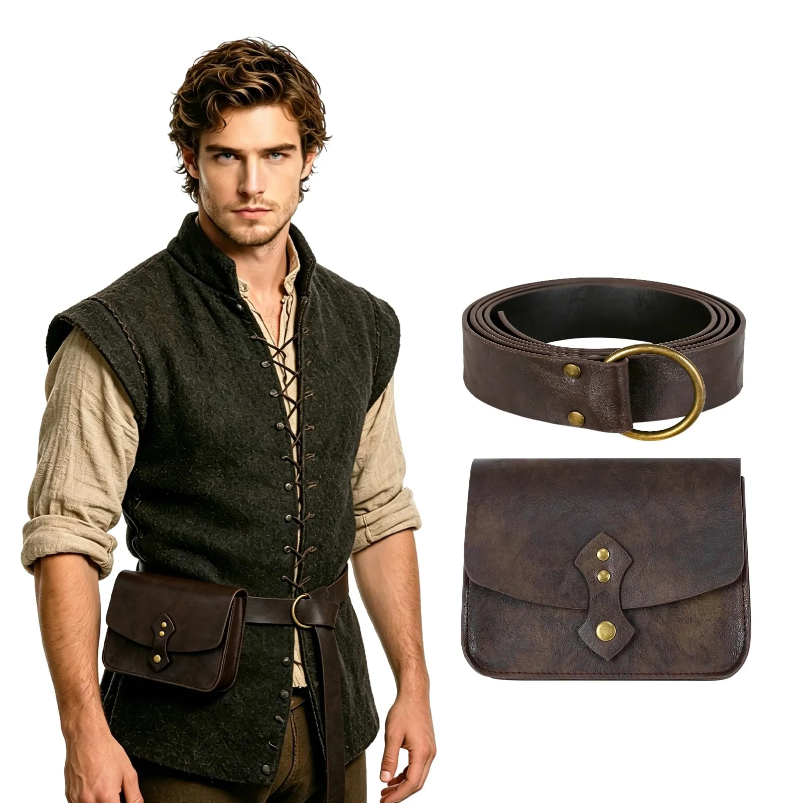 EpicCos Marsupio a Cintura Rinascimentale, Accessori da Cavaliere Pirata Medievale per LARP, Marsupio in Pelle Vintage con Cintura da Fiera Rinascimentale - immagine 2