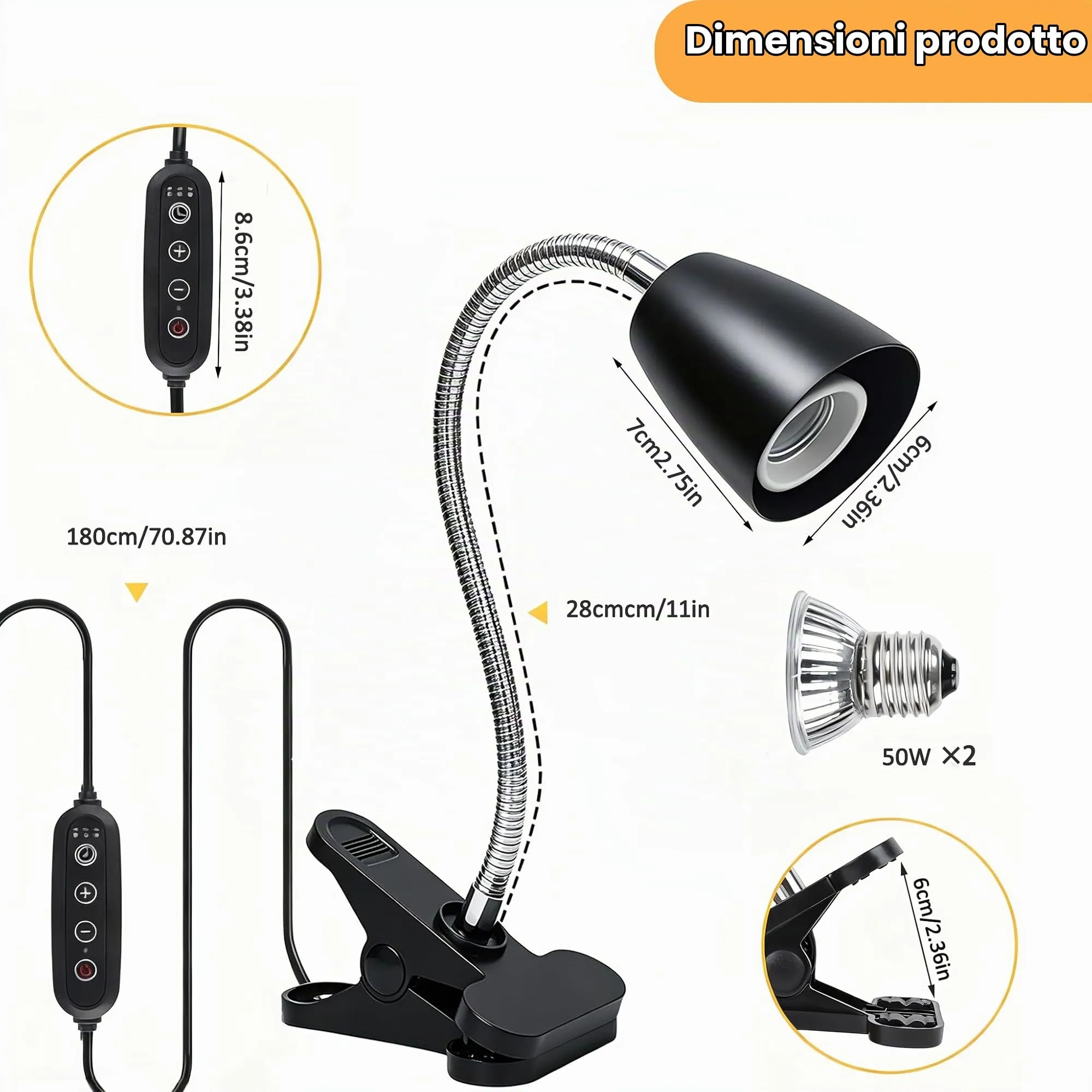 Frogetu Lampada UVA UVB per Tartarughe (Cycle Timer), Lampada Termica per Tartarughe, Lampadine 25W+50W Regolabili a 360° lampada per Anfibi Adatto per Tartaruga, Ragno, Lucertola (Nero B) - immagine 2
