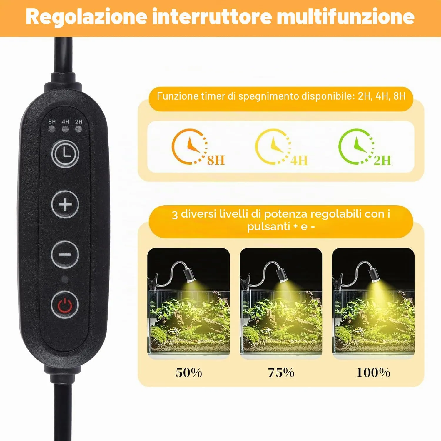Frogetu Lampada UVA UVB per Tartarughe (Cycle Timer), Lampada Termica per Tartarughe, Lampadine 25W+50W Regolabili a 360° lampada per Anfibi Adatto per Tartaruga, Ragno, Lucertola (Nero B) - immagine 3