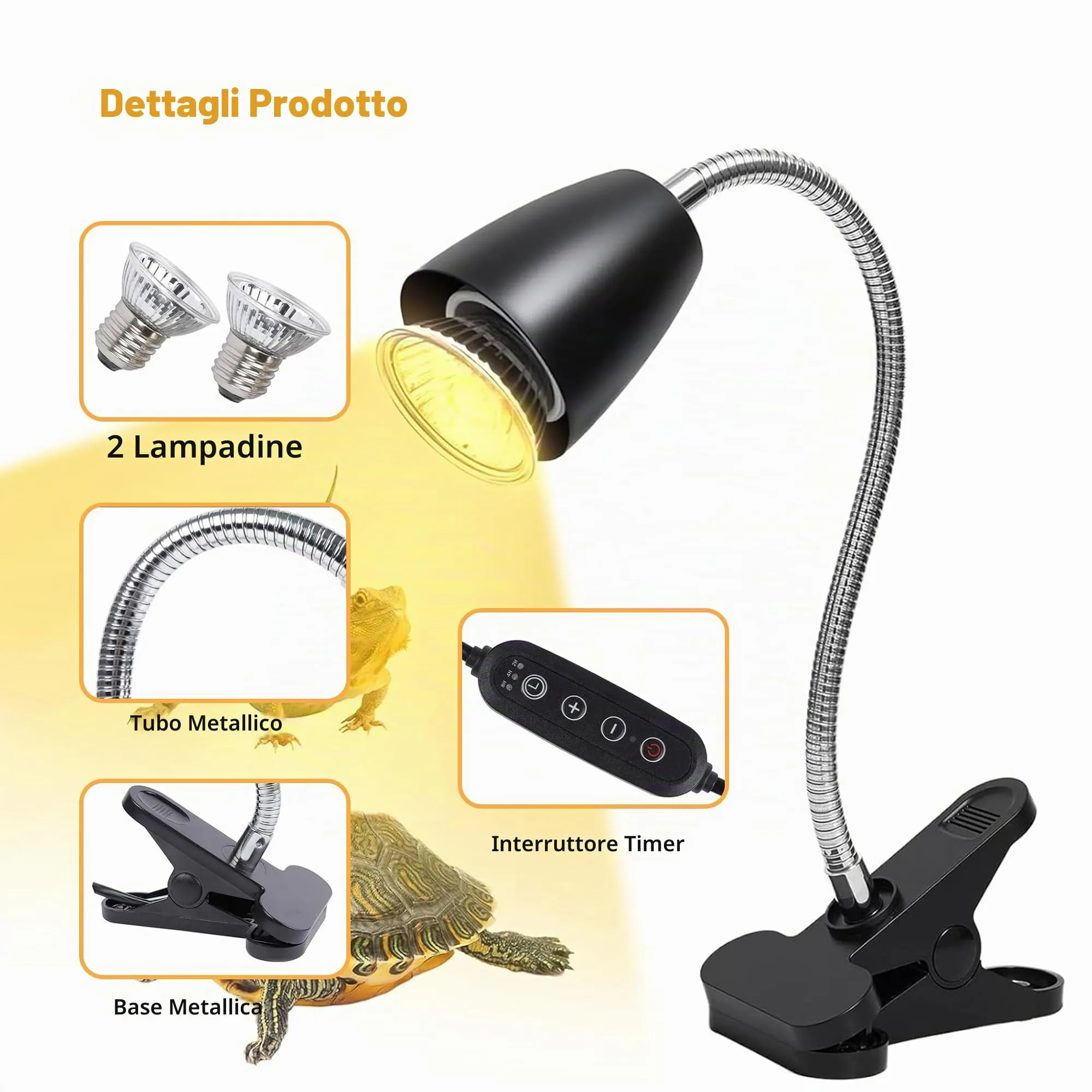 Frogetu Lampada UVA UVB per Tartarughe (Cycle Timer), Lampada Termica per Tartarughe, Lampadine 25W+50W Regolabili a 360° lampada per Anfibi Adatto per Tartaruga, Ragno, Lucertola (Nero B) - immagine 5