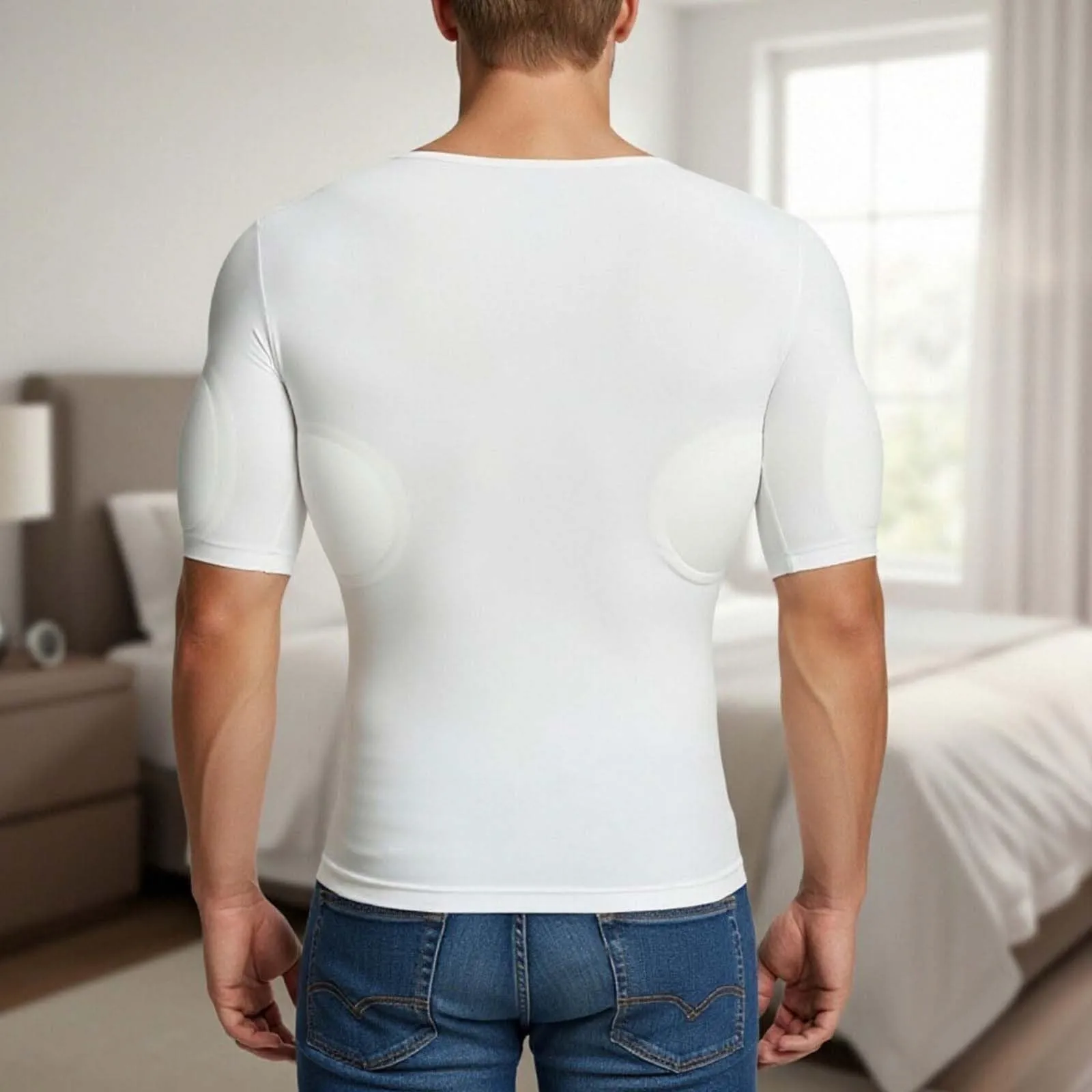 Maglietta con imbottitura invisibile sul petto e base imbottita per muscoli e cintura per il corpo da uomo, top senza maniche aderente ed elastico, top interno aderente, top a compressione, bianco, L - immagine 6