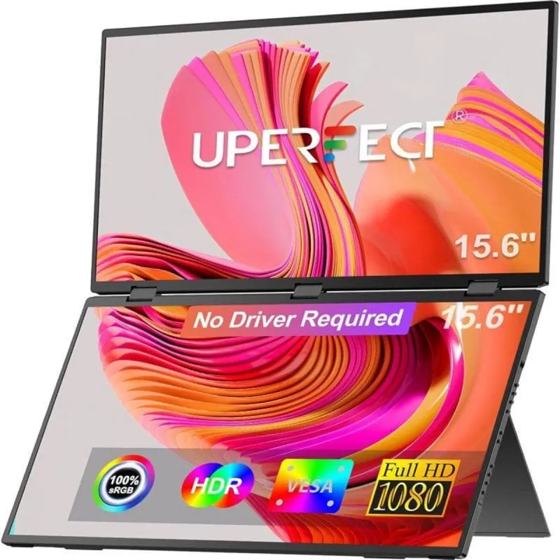 Monitor portatile pieghevole UPERFECT a triplo schermo, rotazione a 360°, 100% sRGB, VESA, USB-C - immagine 1