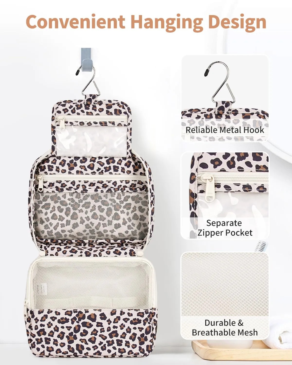 Narwey Beauty case da donna, da appendere, da uomo, Stampa leopardata beige - immagine 4