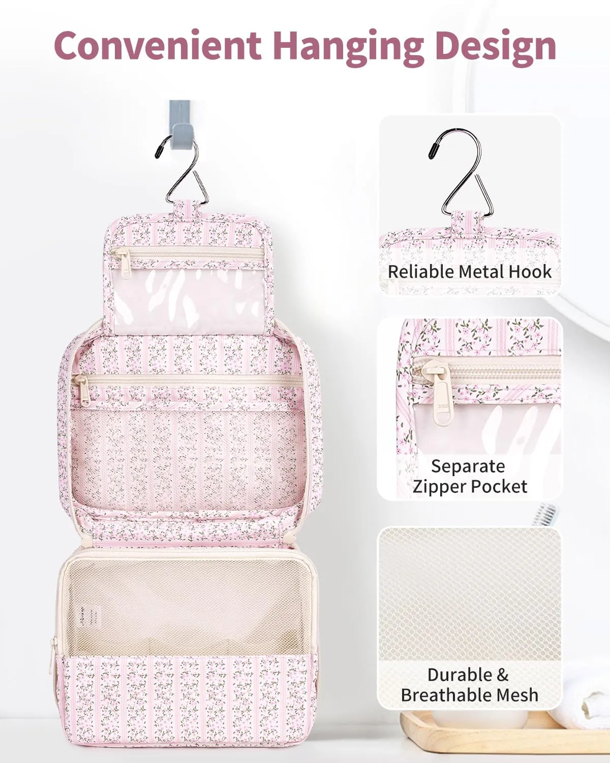 Narwey Beauty case da donna, da appendere, da uomo, boccioli rosa, Classico - immagine 4