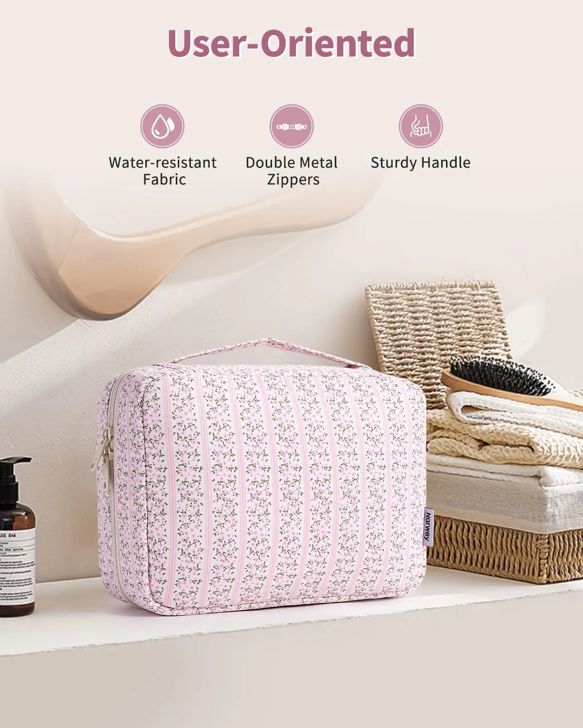 Narwey Beauty case da donna, da appendere, da uomo, boccioli rosa, Classico - immagine 6