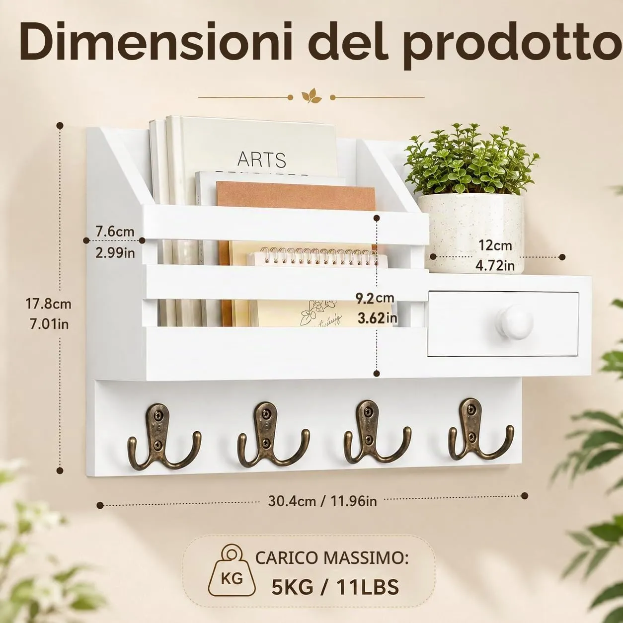 ALESSCOP Portachiavi a Parete Bianco in Legno con 8 Ganci e Cassetto1 Pezzo - immagine 2