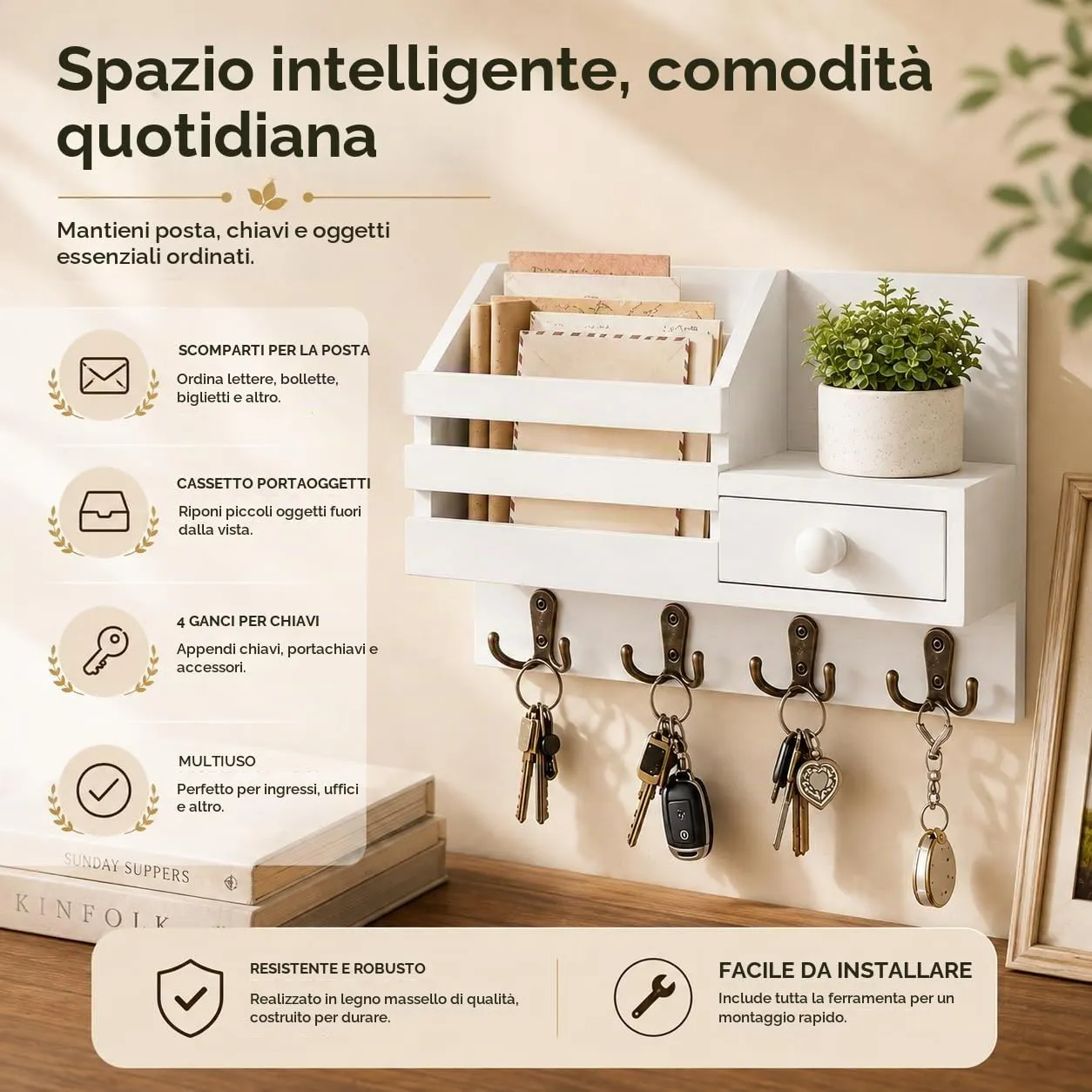 ALESSCOP Portachiavi a Parete Bianco in Legno con 8 Ganci e Cassetto1 Pezzo - immagine 3