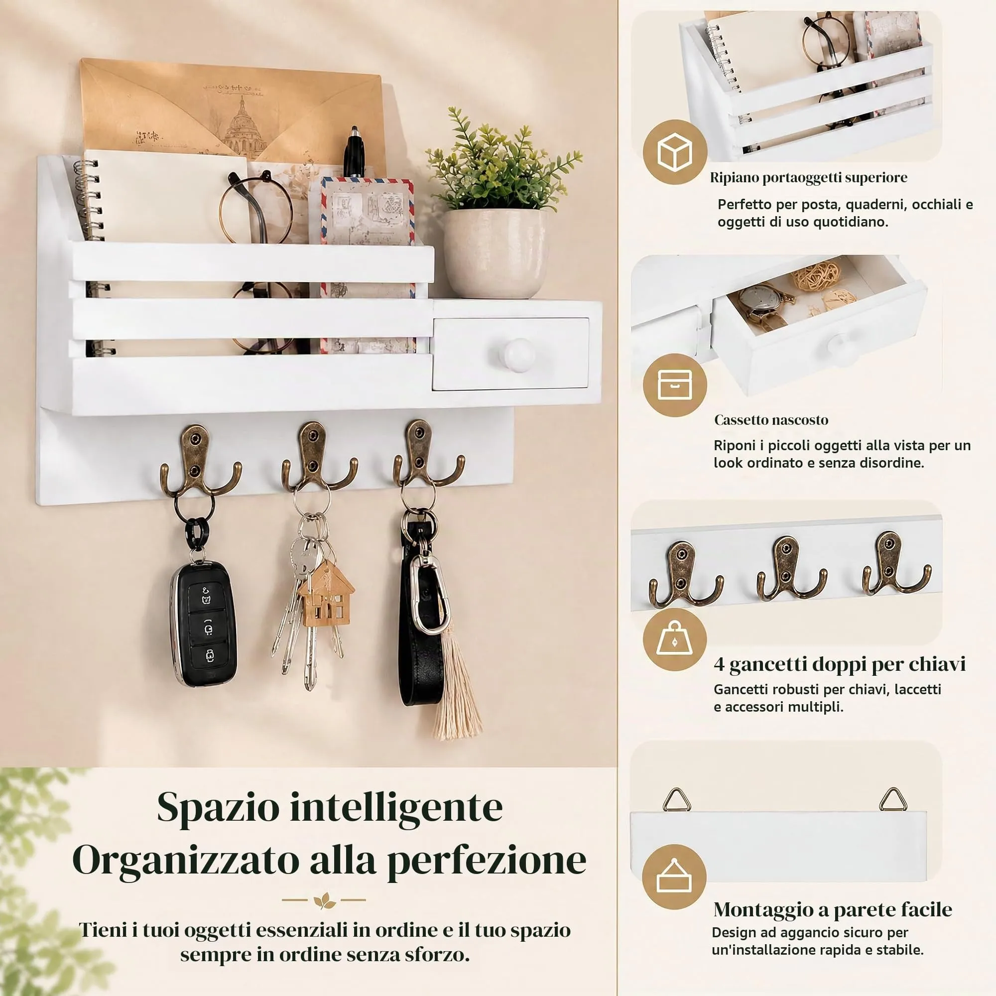 ALESSCOP Portachiavi a Parete Bianco in Legno con 8 Ganci e Cassetto1 Pezzo - immagine 4