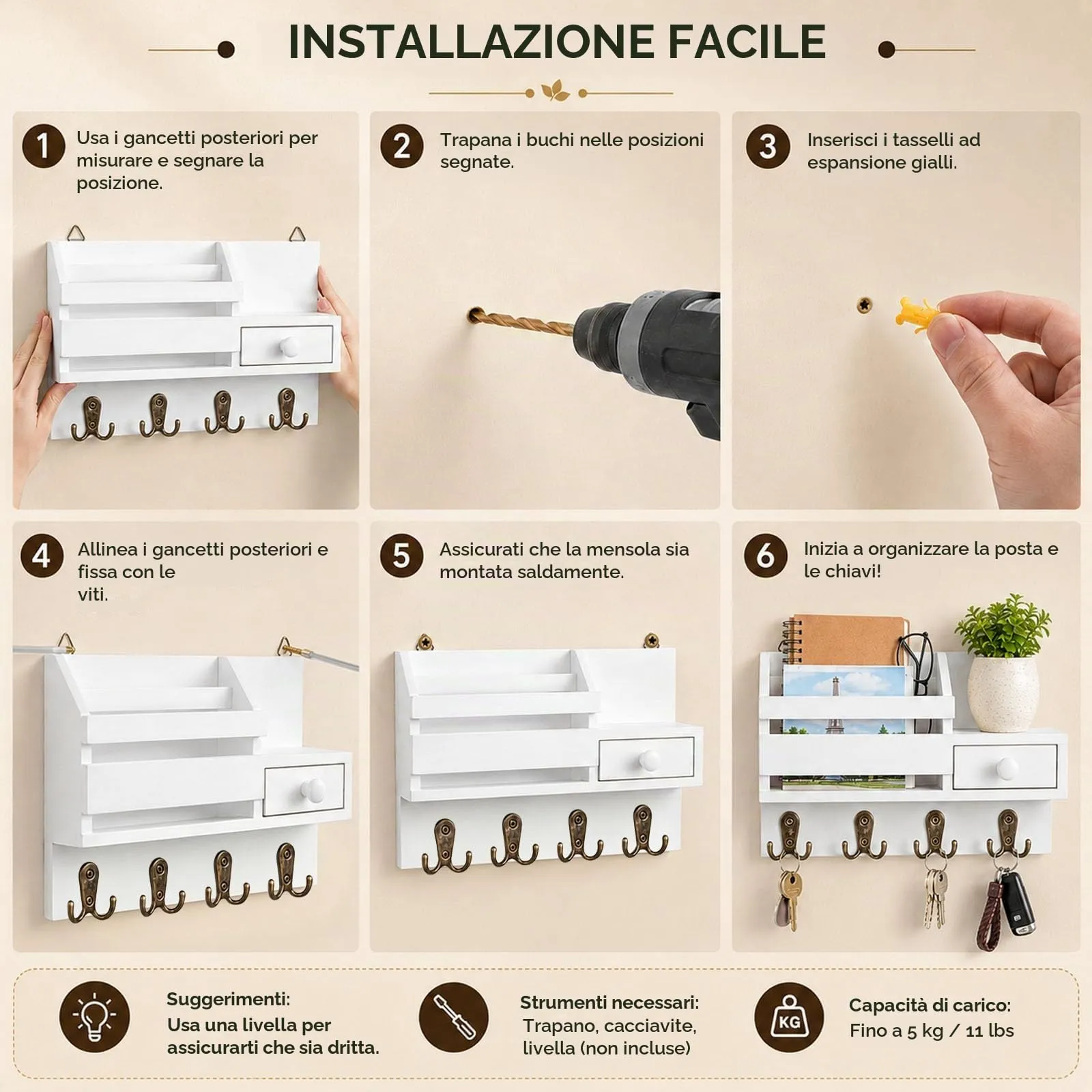 ALESSCOP Portachiavi a Parete Bianco in Legno con 8 Ganci e Cassetto1 Pezzo - immagine 5