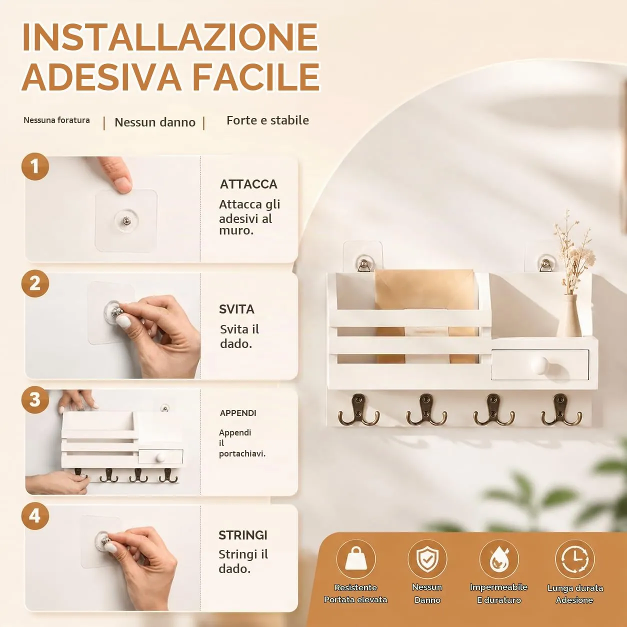 ALESSCOP Portachiavi a Parete Bianco in Legno con 8 Ganci e Cassetto1 Pezzo - immagine 6