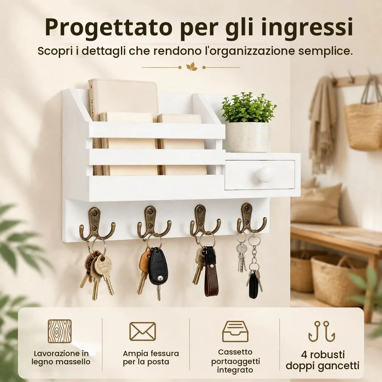 ALESSCOP Portachiavi a Parete Bianco in Legno con 8 Ganci e Cassetto1 Pezzo - immagine 7