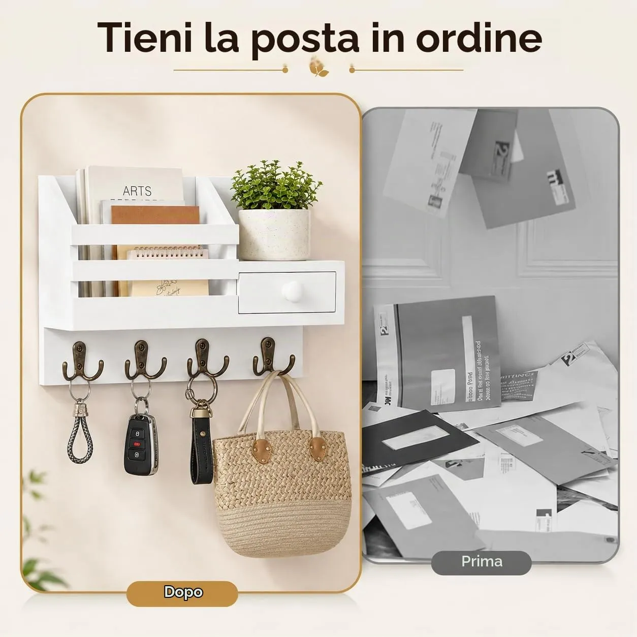 ALESSCOP Portachiavi a Parete Bianco in Legno con 8 Ganci e Cassetto1 Pezzo - immagine 8