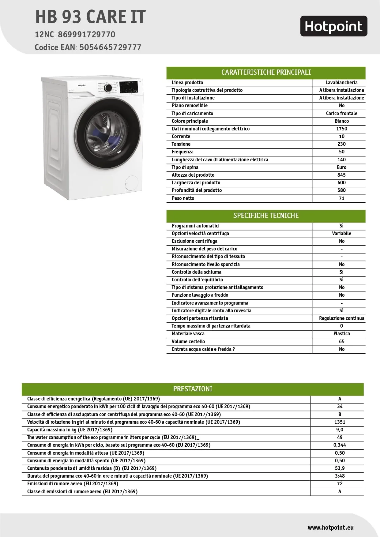 Hotpoint Ariston HB R301 CARE IT Lavatrice 10kg, 1400 Giri, Classe A-30%. - immagine 9
