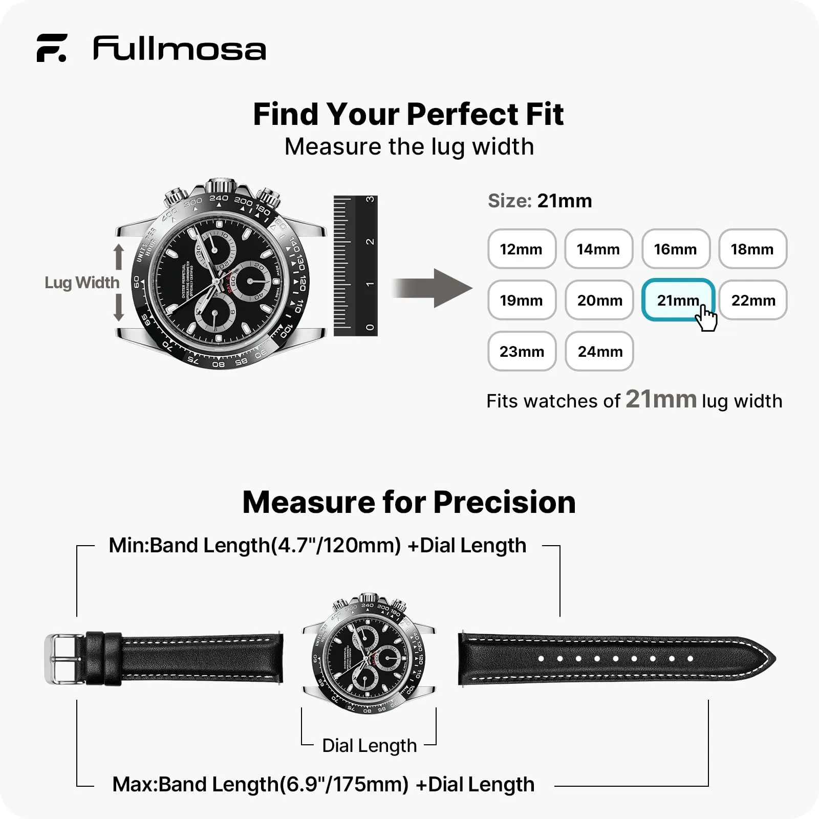 Fullmosa Cinturino Orologio 21mm in Pelle Sgancio Rapido, Nero - immagine 5