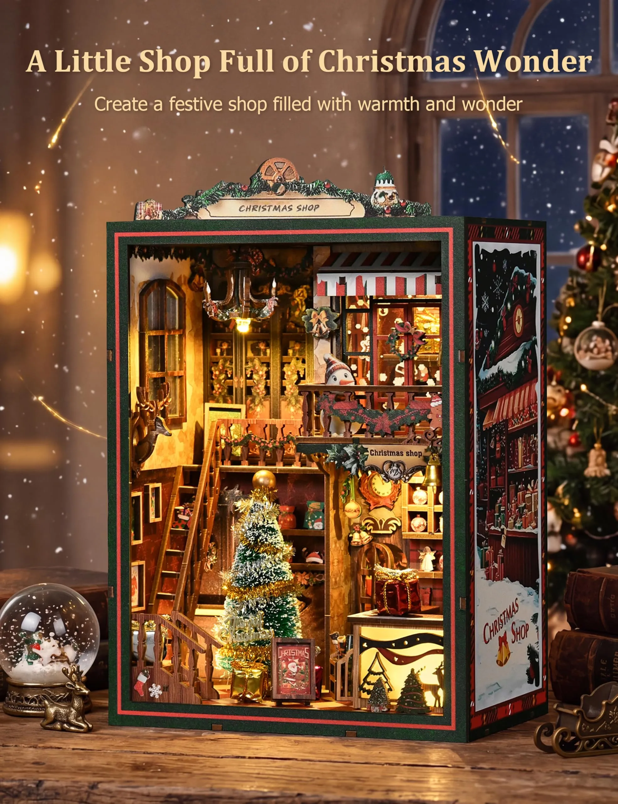BESSERITE Book Nook Christmas Shop con LED e Musica, Puzzle 3D, 264 Pezzi - immagine 2