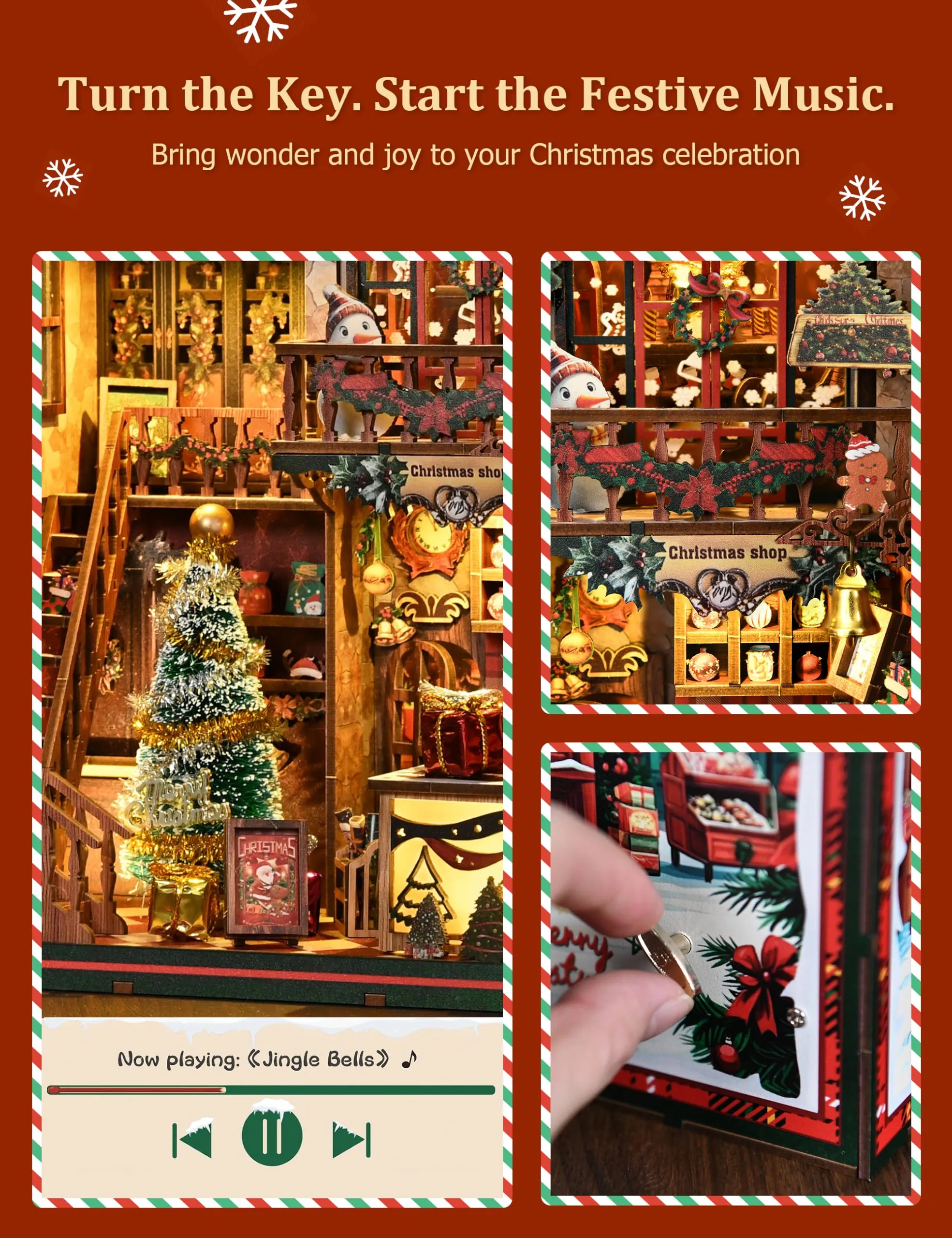 BESSERITE Book Nook Christmas Shop con LED e Musica, Puzzle 3D, 264 Pezzi - immagine 3