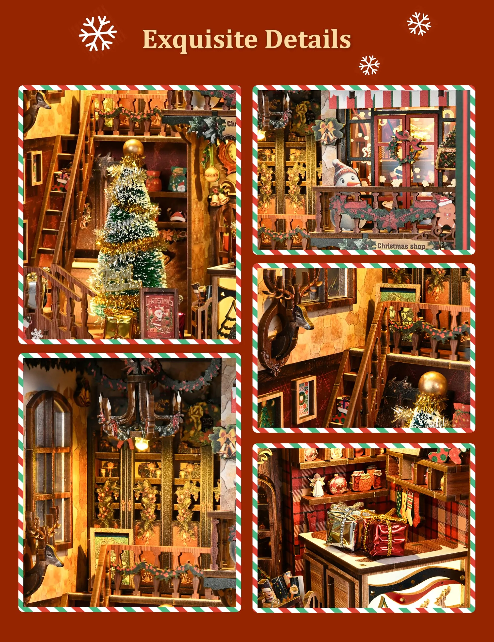 BESSERITE Book Nook Christmas Shop con LED e Musica, Puzzle 3D, 264 Pezzi - immagine 4