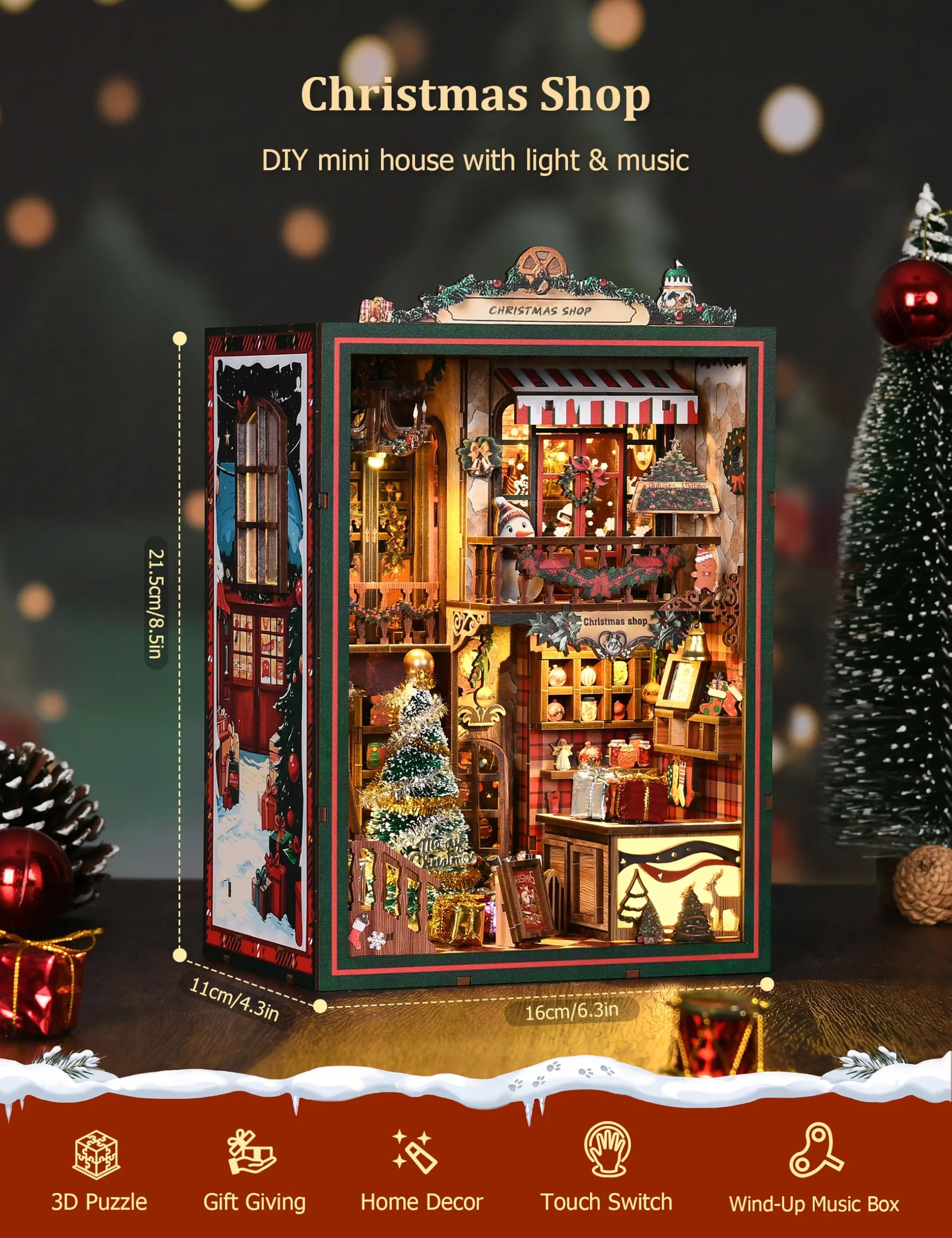 BESSERITE Book Nook Christmas Shop con LED e Musica, Puzzle 3D, 264 Pezzi - immagine 5