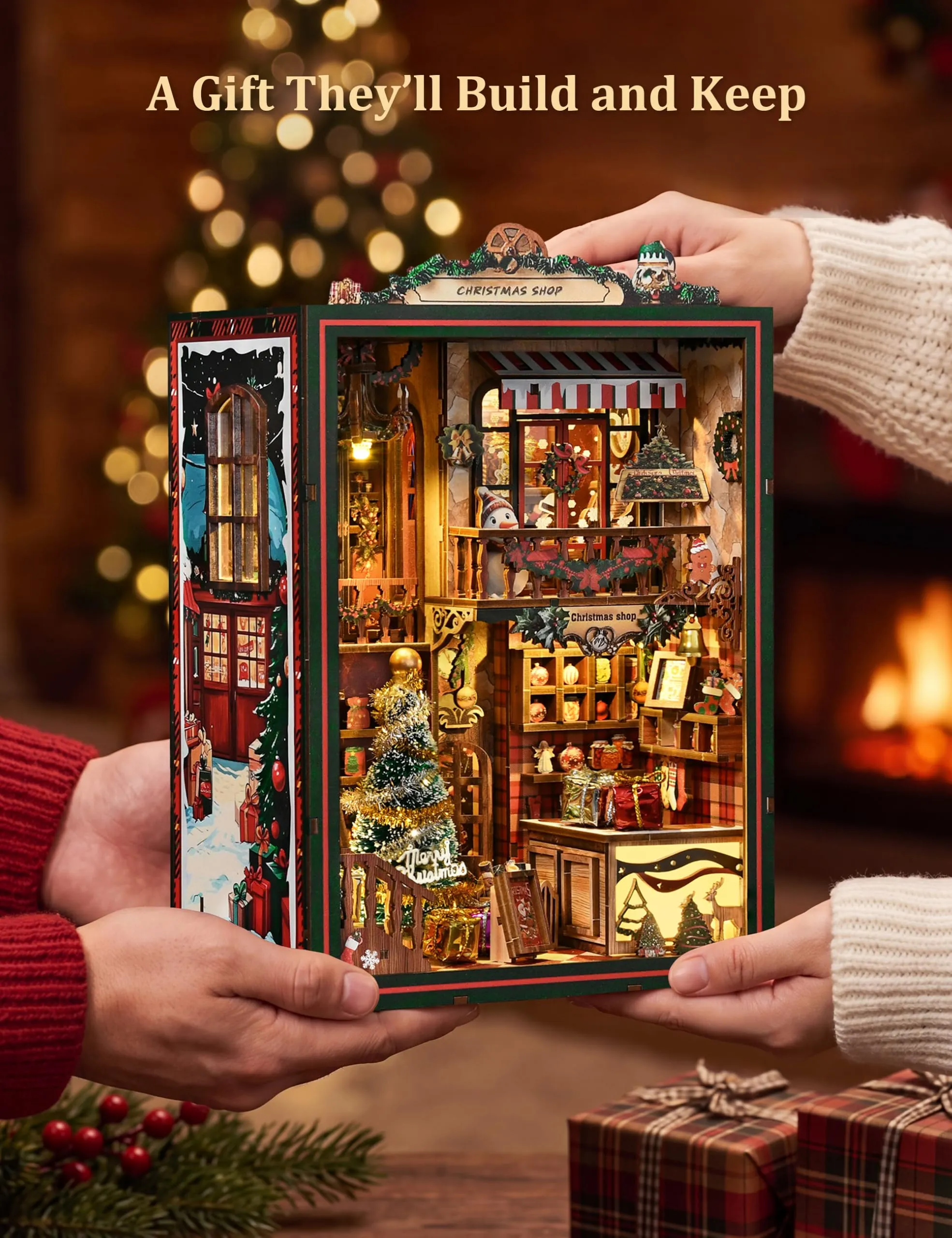 BESSERITE Book Nook Christmas Shop con LED e Musica, Puzzle 3D, 264 Pezzi - immagine 6