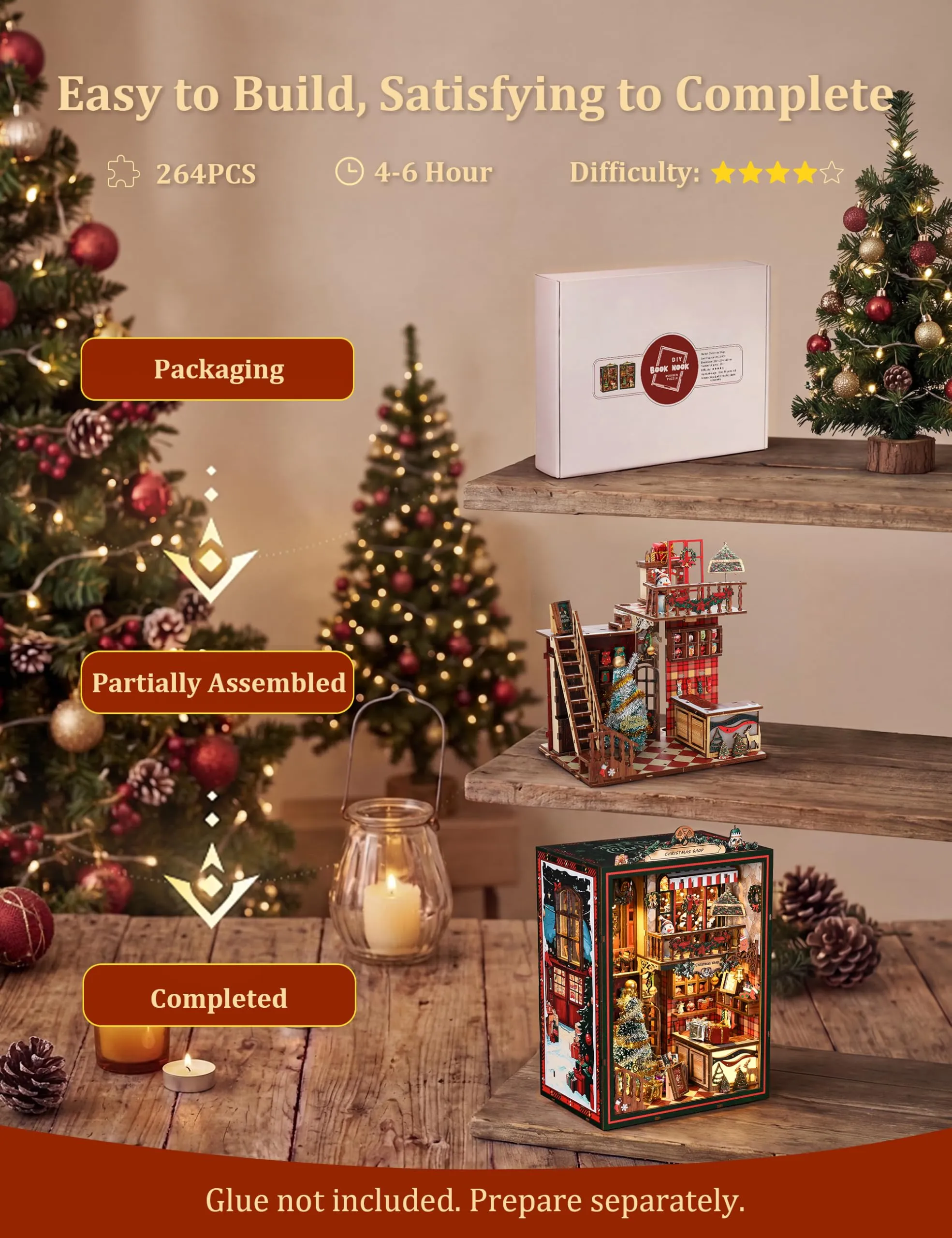BESSERITE Book Nook Christmas Shop con LED e Musica, Puzzle 3D, 264 Pezzi - immagine 7